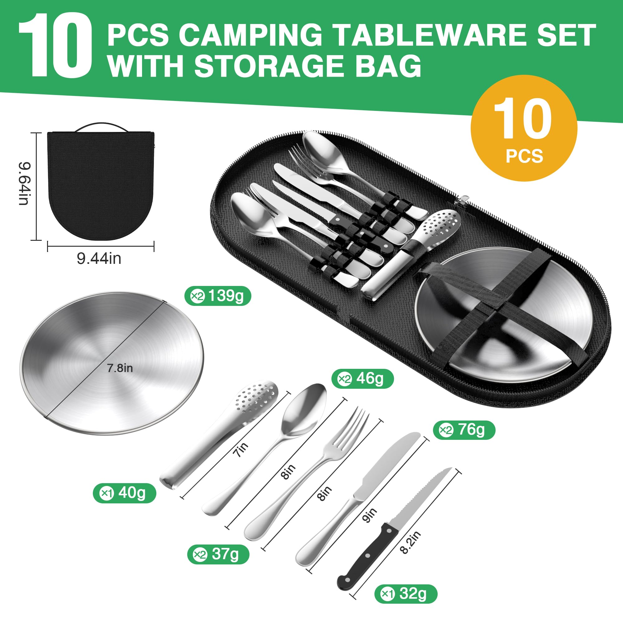 Yoassi 10PCS Vaisselle Acier Inoxydable de 2 Personnes Portable pour Camping, Pique-nique, Activités Outdoors, en plein air