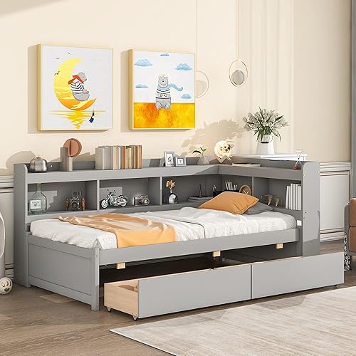 Miniatura 4 de Quarte Elegante cama de plataforma con estanterías en forma de L cama de plataforma de madera de tamaño individual con 2 cajones de almacenamiento