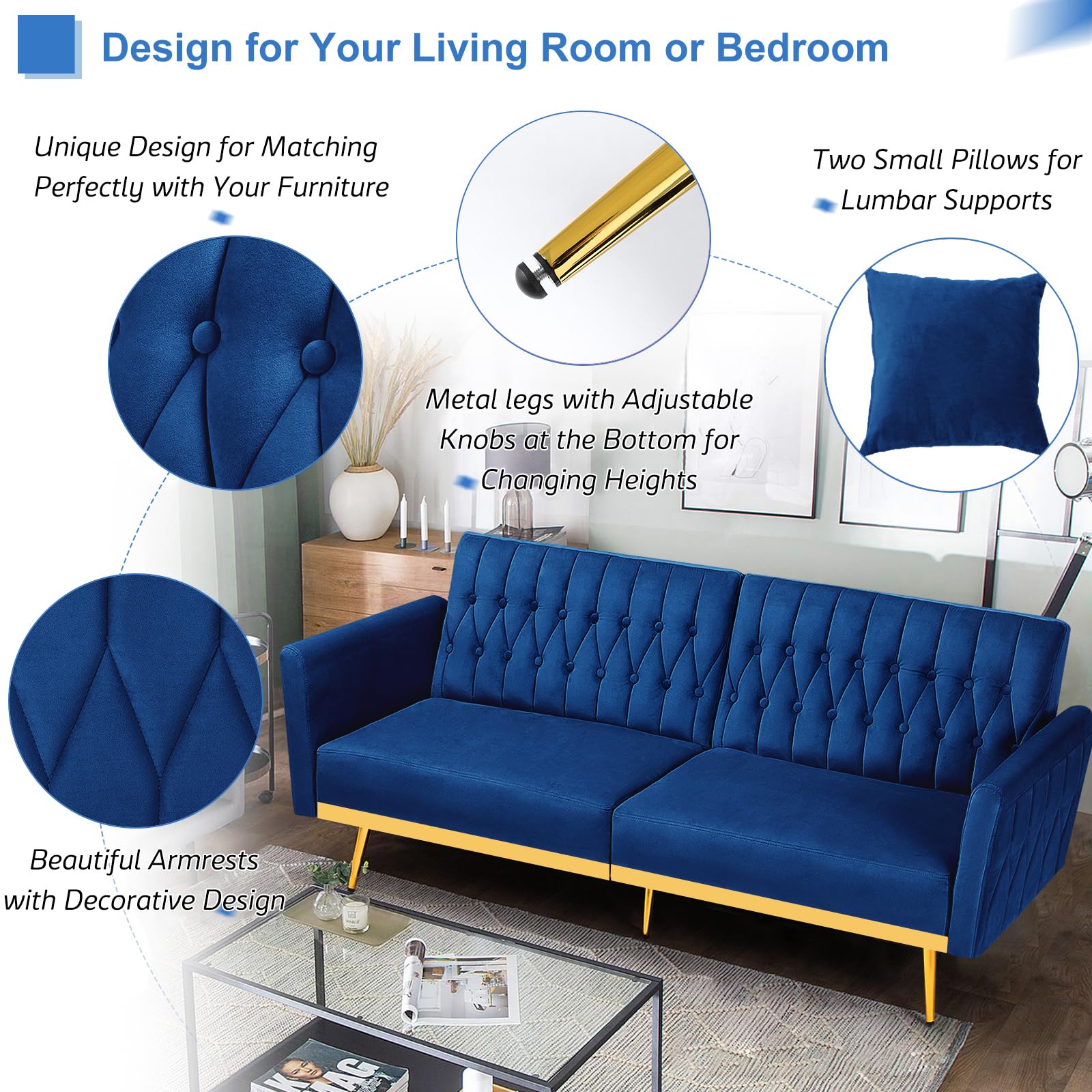 70” Velvet Futon Sofa Bed w/Adjustable Armrests, Blue | Convertible Sleeper Bed w/Adjustable Backrests, Modern Loveseat Couch w/Two Pillows for Living Room, Bedroom