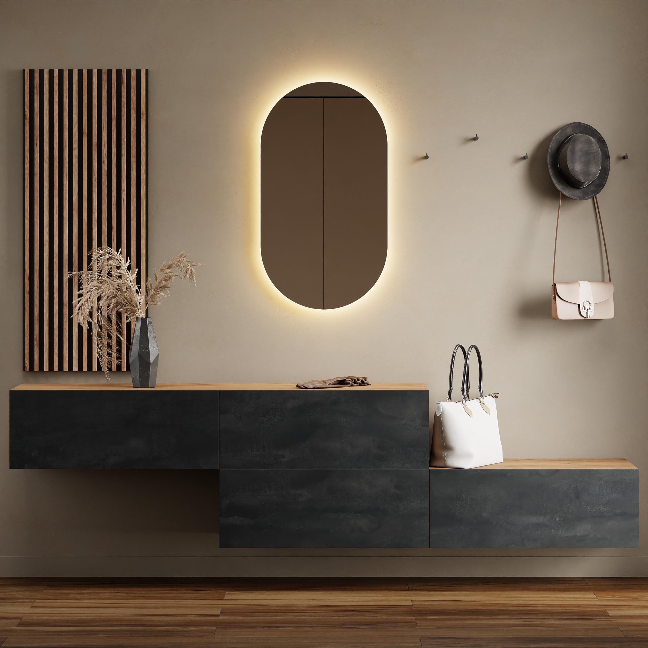Planetmöbel Mueble de pasillo, guardarropa, 2 x 160 cm, roble dorado/negro carbón, panel de pared de 50 cm, roble dorado/antracita, espejo 50 cm (sin led), 32,5 x 160 x 37,8 cm (al x an x prof)