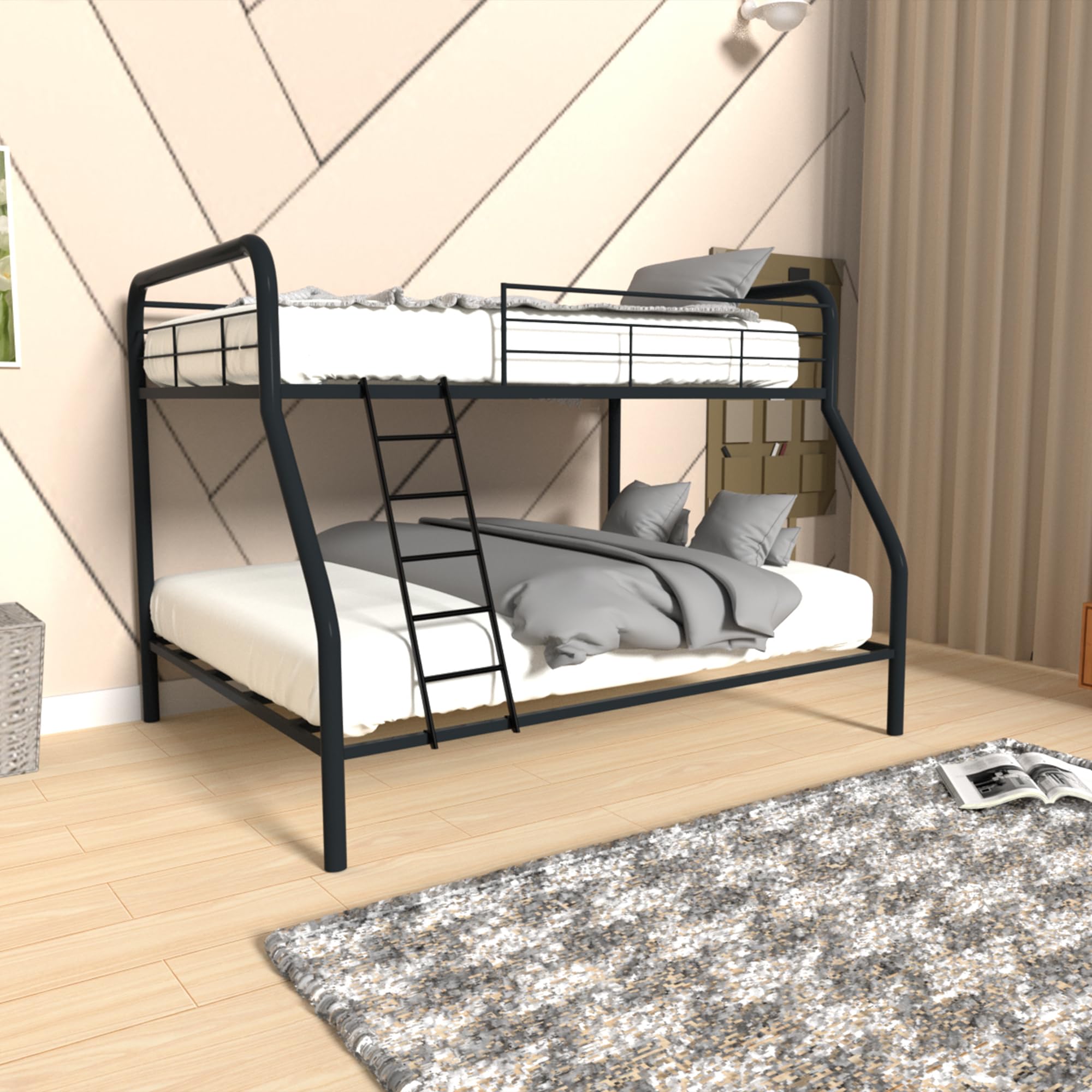 Escalera Resistente para Litera de Caravana 127/140/152/168 cm, con 4 Ganchos y Tapas Antideslizantes, Estructura Metálica para Cama Individual en Hogar o Dormitorio (140 cm, Negro)