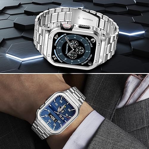 Miniatura 4 de MioHHR Correa de reloj de acero inoxidable con funda compatible con Apple Watch Ultra Band 1929in Series 87 1614in 1772in Series 654SE 1575in 1732in