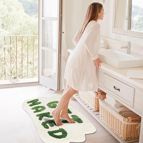 Miniatura 2 de Alfombra de baño verde con texto en inglés Get Naked, bonita alfombra de baño, interesante, antideslizante, de microfibra, lavable, absorbente, 19.6