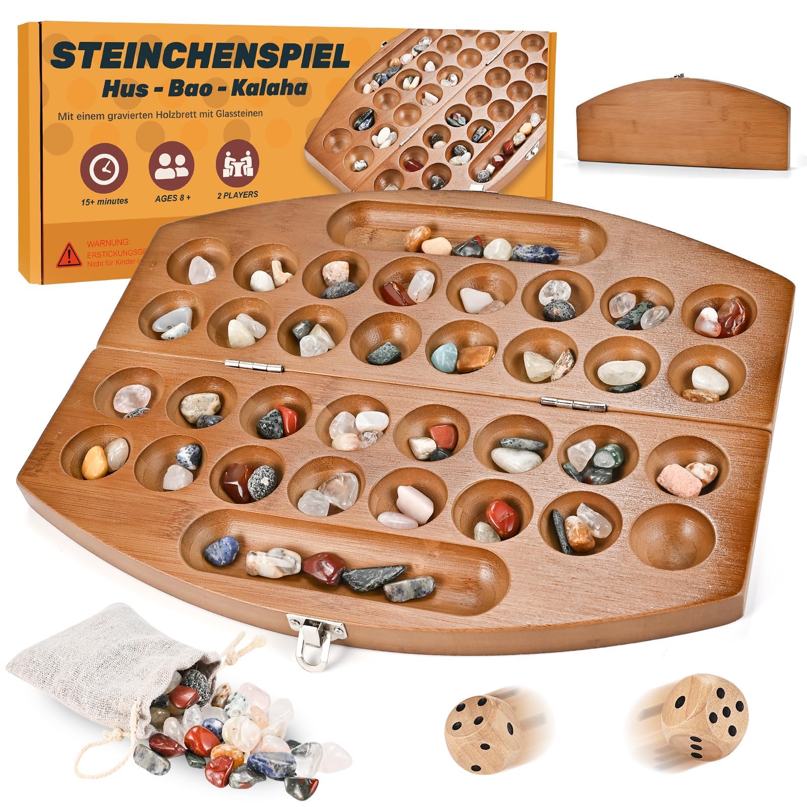 Wooderma Hus Bao Kalaha Steinchenspiel Mancala aus Holz mit Edelsteinen, Edelsteinspiel, Muschelspiel, Strategiespiel, Bohnenspiel für 2 Spieler, Geschenk zum Valentinstag