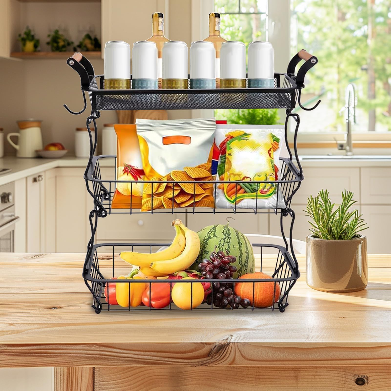 Porta Frutta Organizzatore Alimentare a 3 Livelli per Cucina con Ganci per | Ripiano Metallico per Alimenti Verdura Snack Dispensa Casa Appartamento