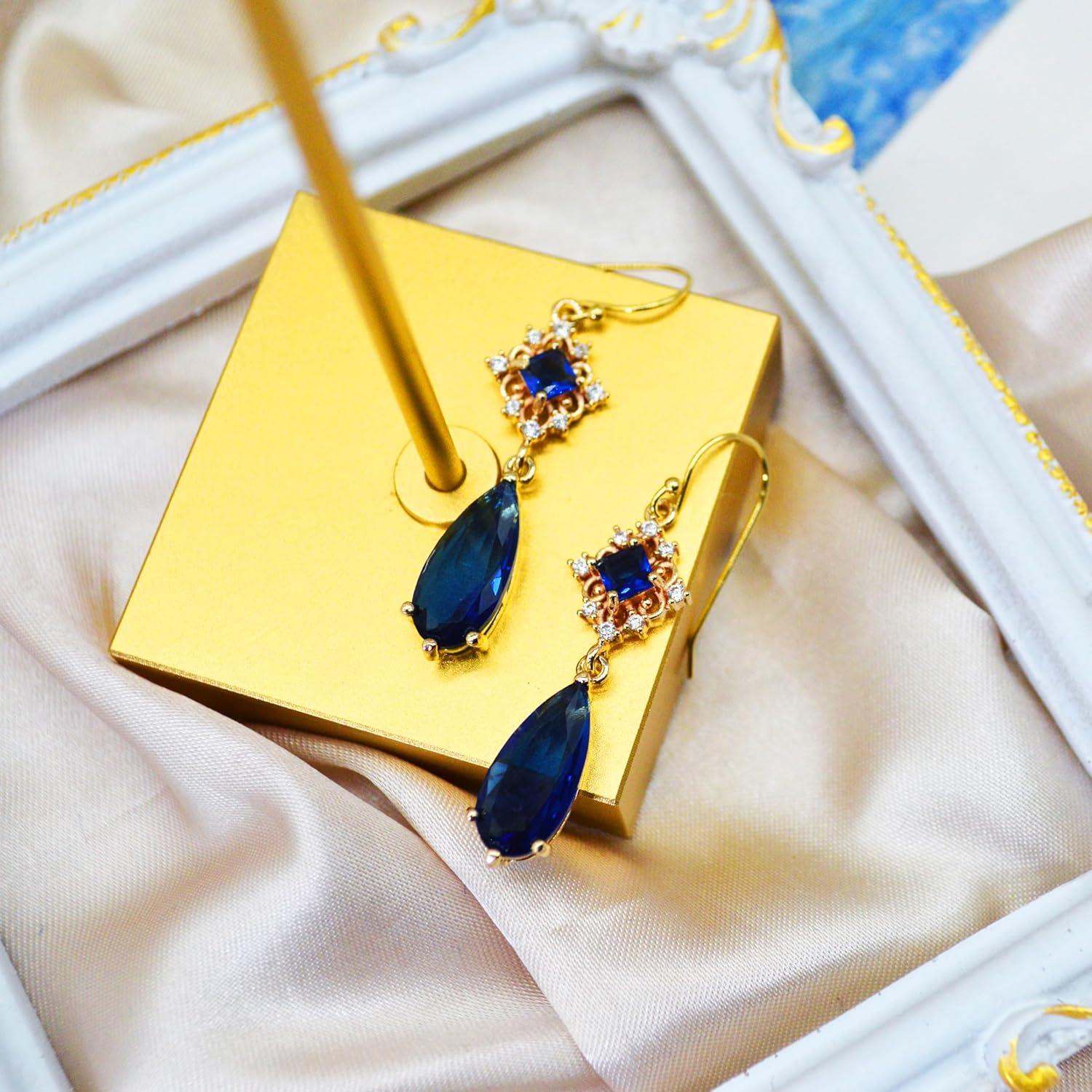 MOMOCAT 18K Gold Plated Royal Blue Imitation Sapphire Earrings for Women Vintage Glass Dangle Teardrop Earrings Jewelry for Women Bridal Wedding Earrings - Image 4