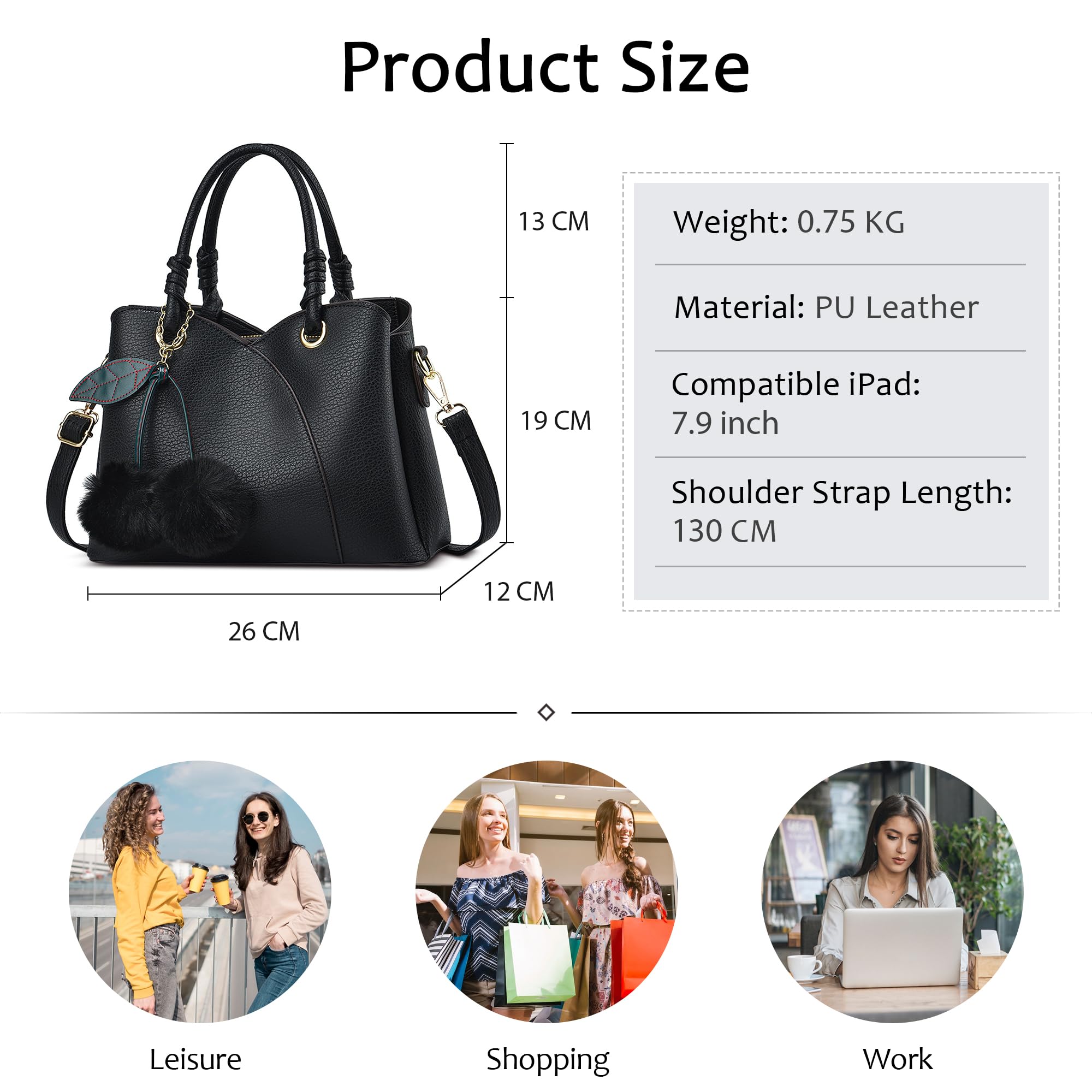 Donna Elegante Borsa a Mano con Pompon Pelle PU Borsa a Tracolla Tasche Multiple Signora per Shopping Viaggio e Lavoro Nero
