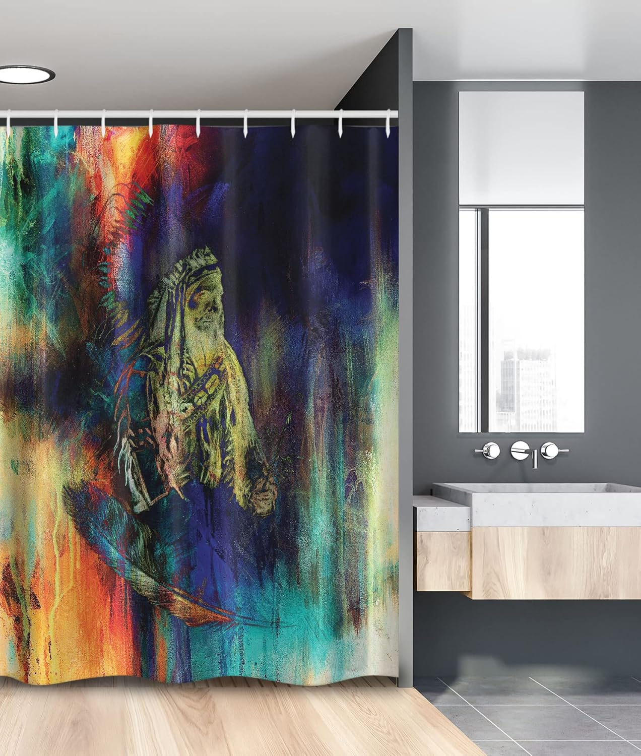 Ambesonne Tribal Stall Shower Curtain, Grungy Futuristic Design of Foreman Bull with Motley Effect, Fabric Bathroom Decor Set with Hooks, 54" W x 78" L, Indigo Reseda Green Multicolor