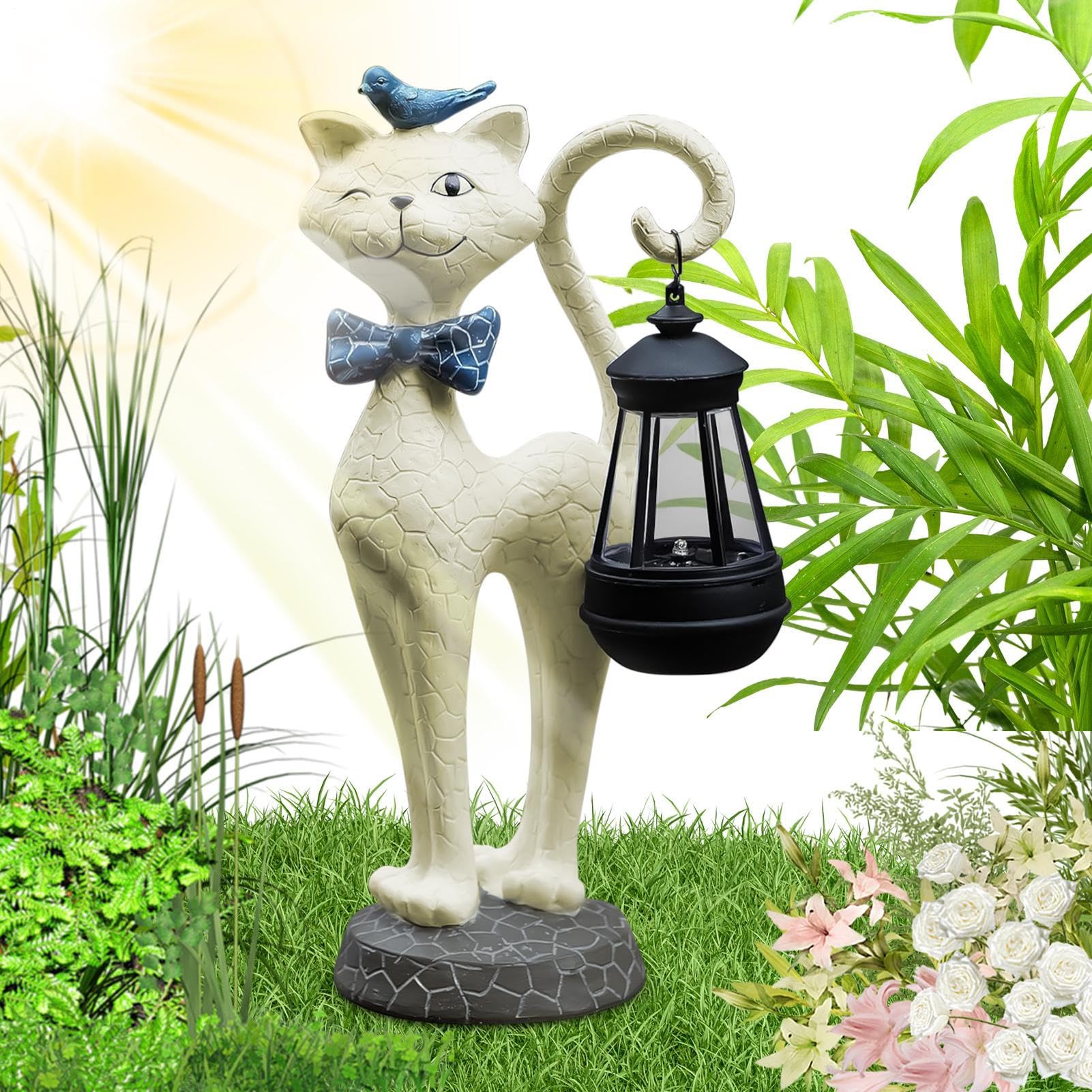 Lumières de chat de jardin en résine supérieure décorative et solaire de nuit