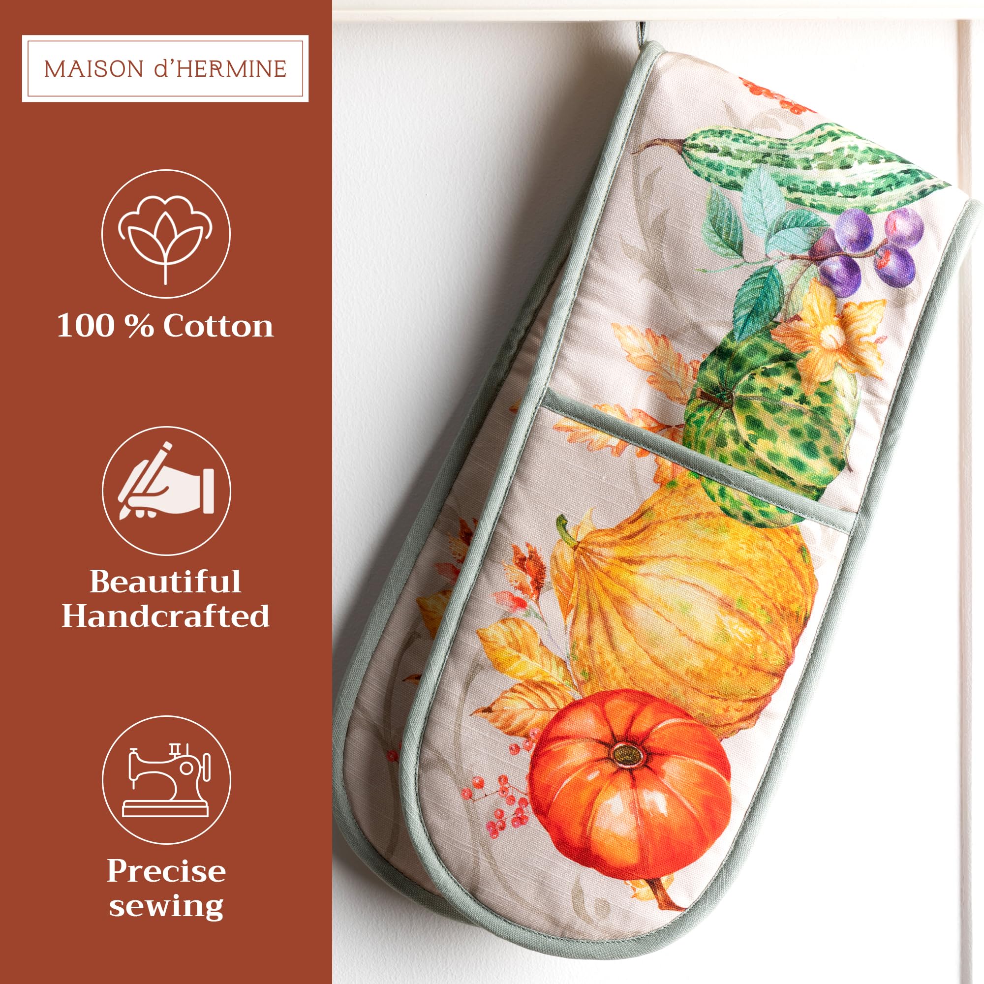 Maison d' Hermine Doppel-Kochhandschuhe, 100 % Baumwolle, Doppel-Ofenhandschuh, 17.8x88.9 cm, mit Aufhängeschlaufe, hitzebeständig, BBQ, Grillen und Mikrowelle, Lumina – Thanksgiving/Weihnachten