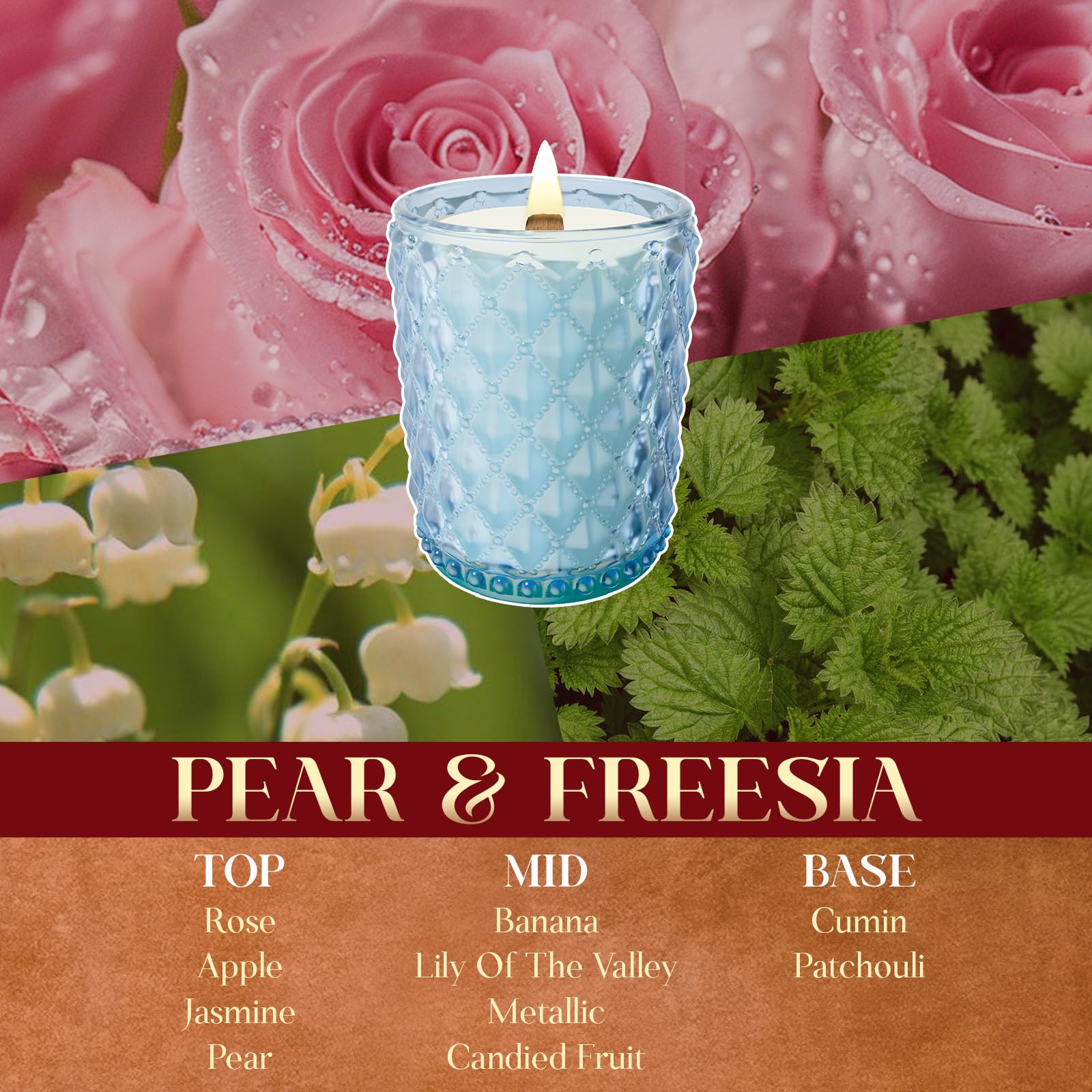M&SENSE Vela perfumada grande de pera y fresia, vela crujiente con mecha de madera, 470 g, 100 horas de duración, cera de soja en tarro de cristal, vela de lujo regalo para hombres y mujeres, 16,6 oz