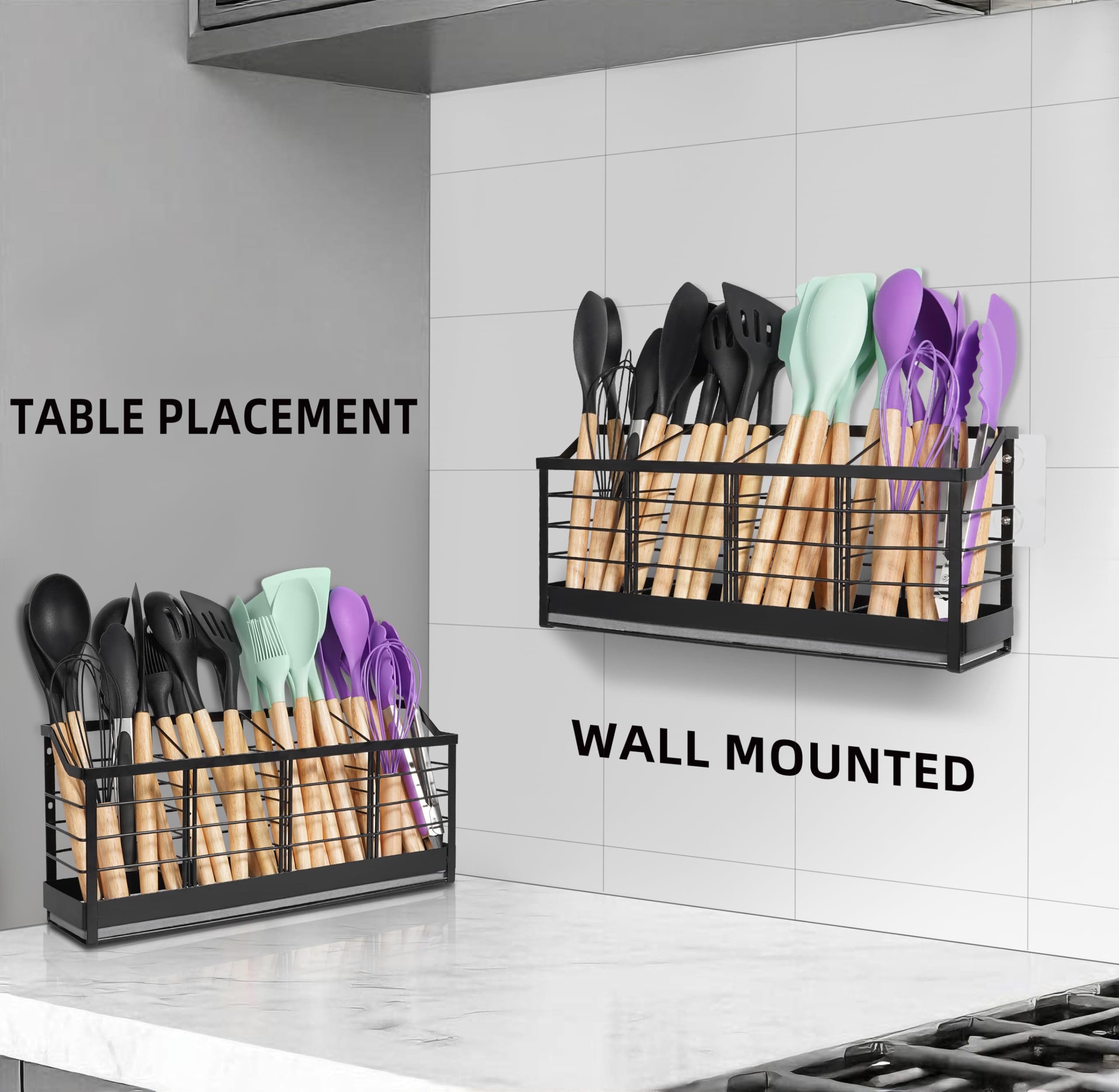 Großer Küchenbesteckhalter mit Diatomit-Boden – Wandmontierbarer Utensilienhalter mit 4 Fächern – Schnelltrocknender Organizer aus Metall in Mattschwarz für Arbeitsplatte oder Wand