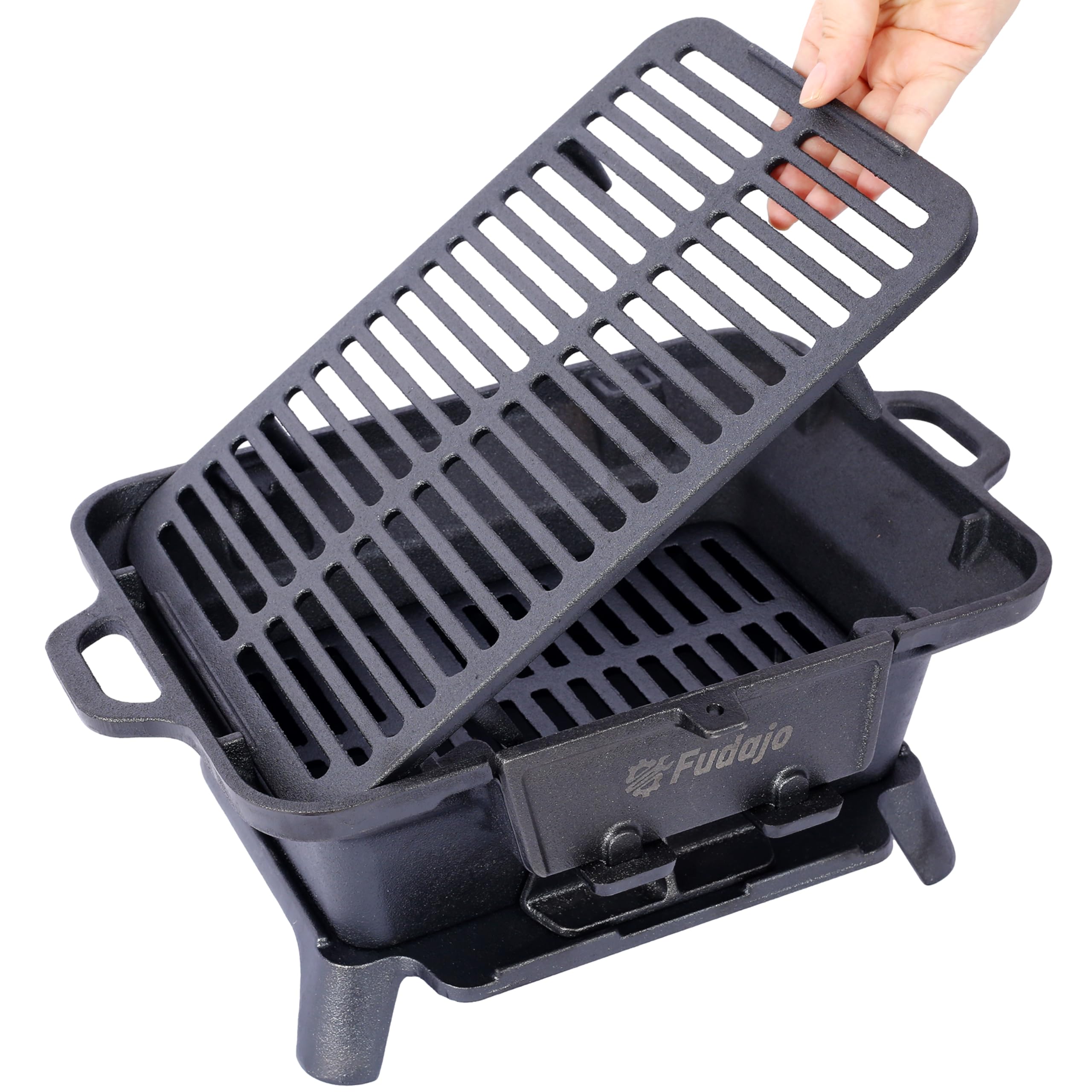 Portable Cast Iron Grills Outdoor, Rectangular Tabletop Charcoal Grill with Skillet, Durable Small Hibachi Griller for Camping, Tailgating, BBQ, Hunting, 19.6 Inches, Black, 26 lbs