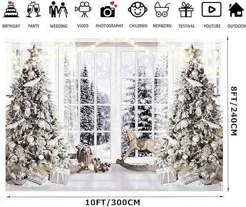 Miniatura 8 de Alltten Fondo de fotos de Navidad de 8 x 6 pies, telón de fondo de árbol de Navidad de invierno, ventana exterior, paisaje nevado, telón de fondo de