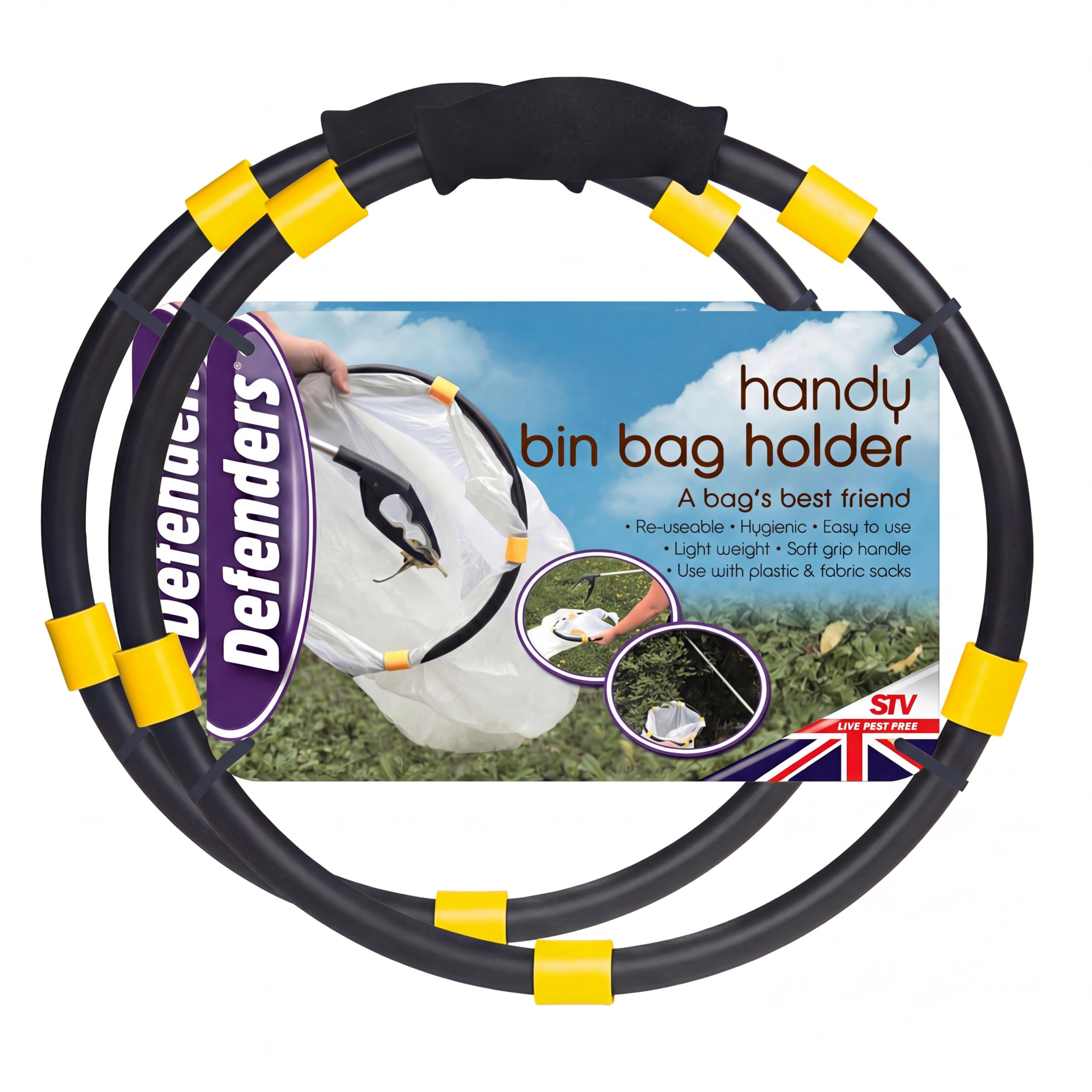 Defenders Handy Bin Bag Holder – Twin Pack (2 x Holders), Clip-and-Go Reusable Hoop, 35.5 cm Universal Fit, Gardening & Litter Picking