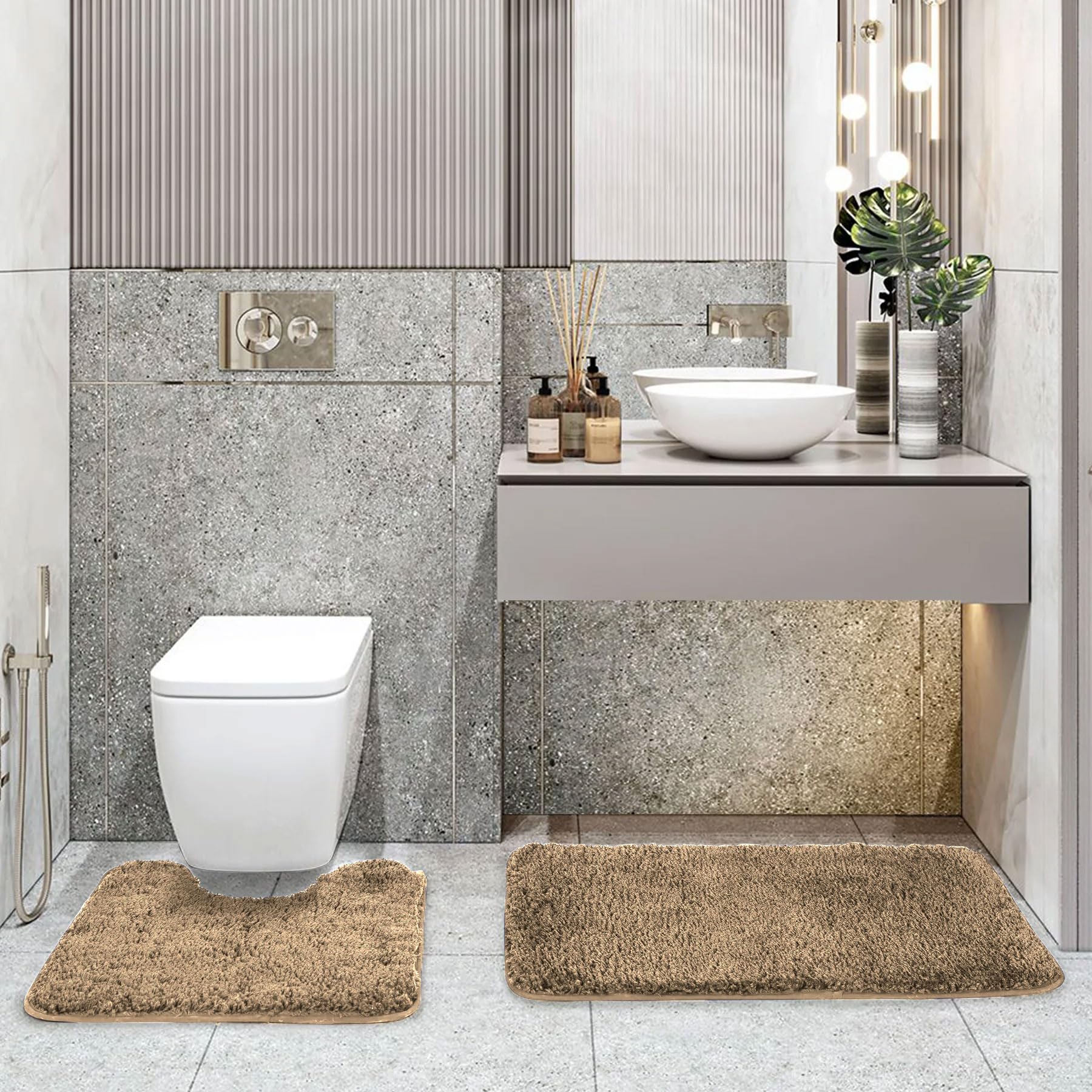 LUXE HOME INTERNATIONAL Polyester Contour Bath Mat – Washable, Anti Skid, Water Absorbent Contour Mats for Bathroom, Toilet, Wash Basin & Bathroom Contour Mat Set (Gold, 45x 75 cm & 40x45)