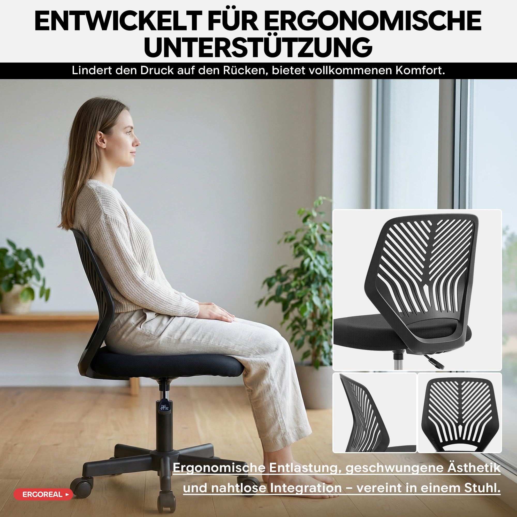 Ergonomischer Bürostuhl ohne Armlehne, Bürostuhl mit Rollen & Höhenverstellung, Bürostuhl Cozy mit Ergonomischer Rückenlehne,Homeoffice/Arbeitszimmer/Studienzimmer (Tiefe Schwarz)