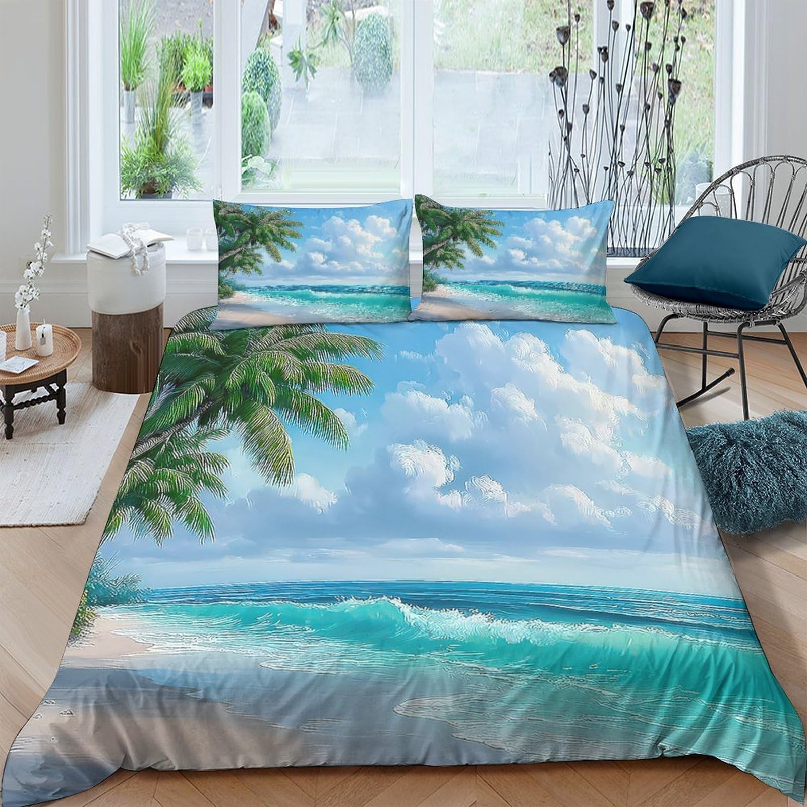 Ctjqhvkz Style-3 3D Printed Tropical Beach Fitted Sheet Microfiber Ocean Palm Mattress Cover For Bedroom Guest Room Decoration Single（135X200cm）