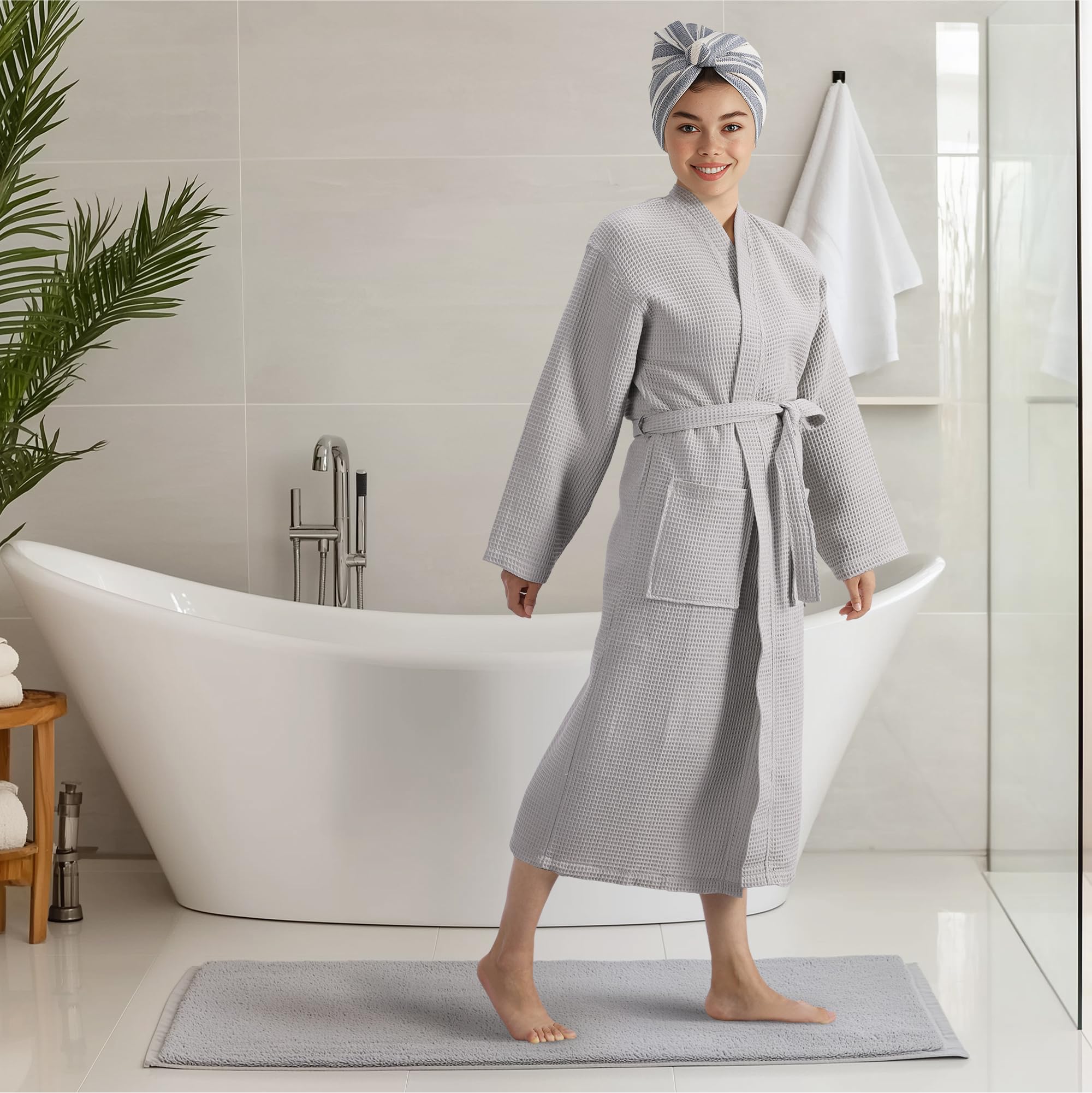 HOMELEVEL Peignoir de Bain Femme Homme - Robe de Chambre Kimono Taille S à 6XL en 100% Coton Doux et Absorbant - Sortie de Bain Texture Gaufrée Nid dAbeille pour Douche Piscine