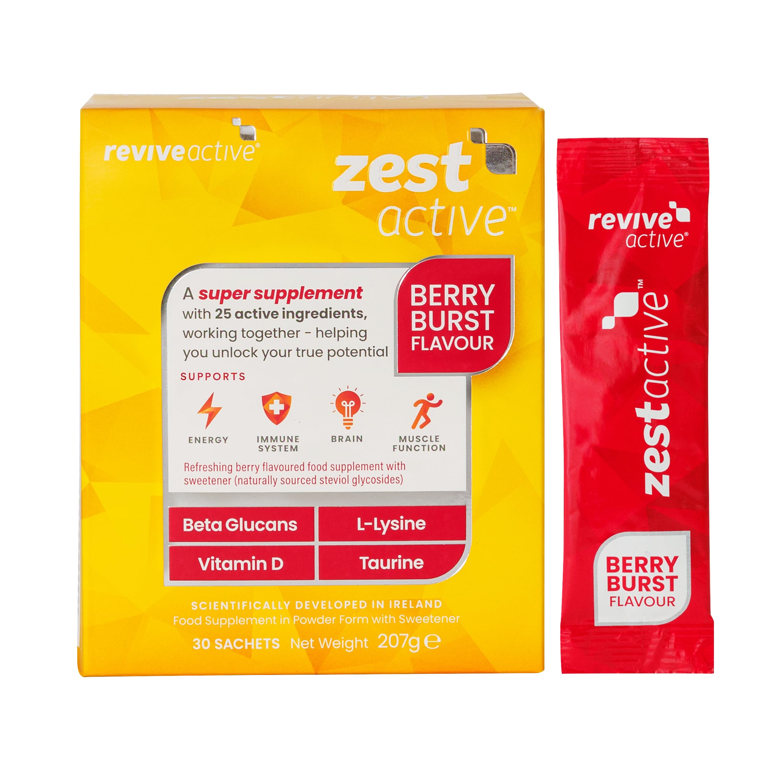 Zest Active Multivitamin Super Supplement - 25 Ingredients in One Daily Sachet - Vitamin D, C, B12, Magnesium, Supports Energy, Immune System, Brain & Muscle Function - Berry Burst, 30 Day Supply