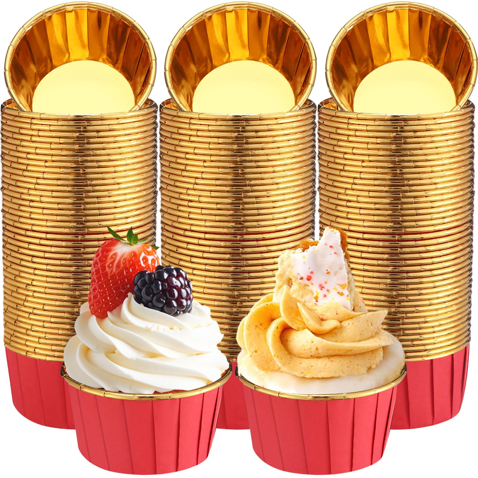 Gandeer 300 Pack Red Gold Cupcake Liners Bulk Disposable Foil Muffin Cups 3.5 oz Wrappers for Baking Aluminum Paper Mini Metallic Disposable Holiday