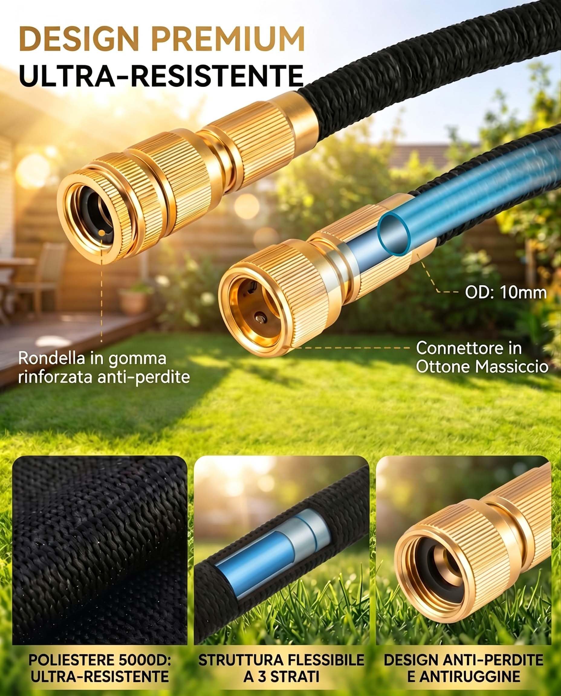 Tubo da Giardino Estensibile Ispessito 30m 100FT Canna Acqua con 8 Funzioni con Pistola Acqua Giardino & Adattatore Universale 1/2" e 3/4 per Prato, Giardino