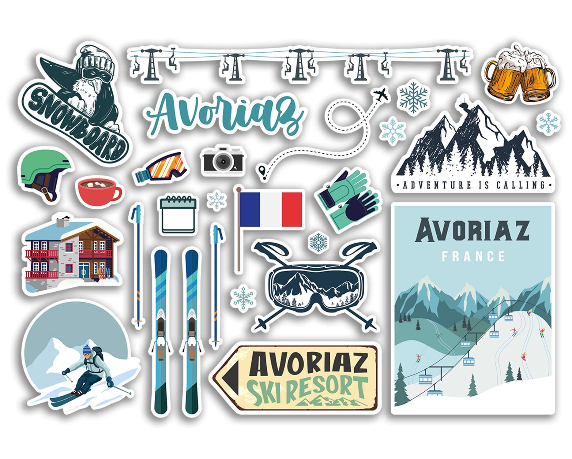 Dv Design Multi A5 Sticker Sheet Avoriaz Vinyl Stickers - France French Ski Resort Mountains Snowboard Holiday Flag Travel Snow Sports Luggage Scrapbooking #79049