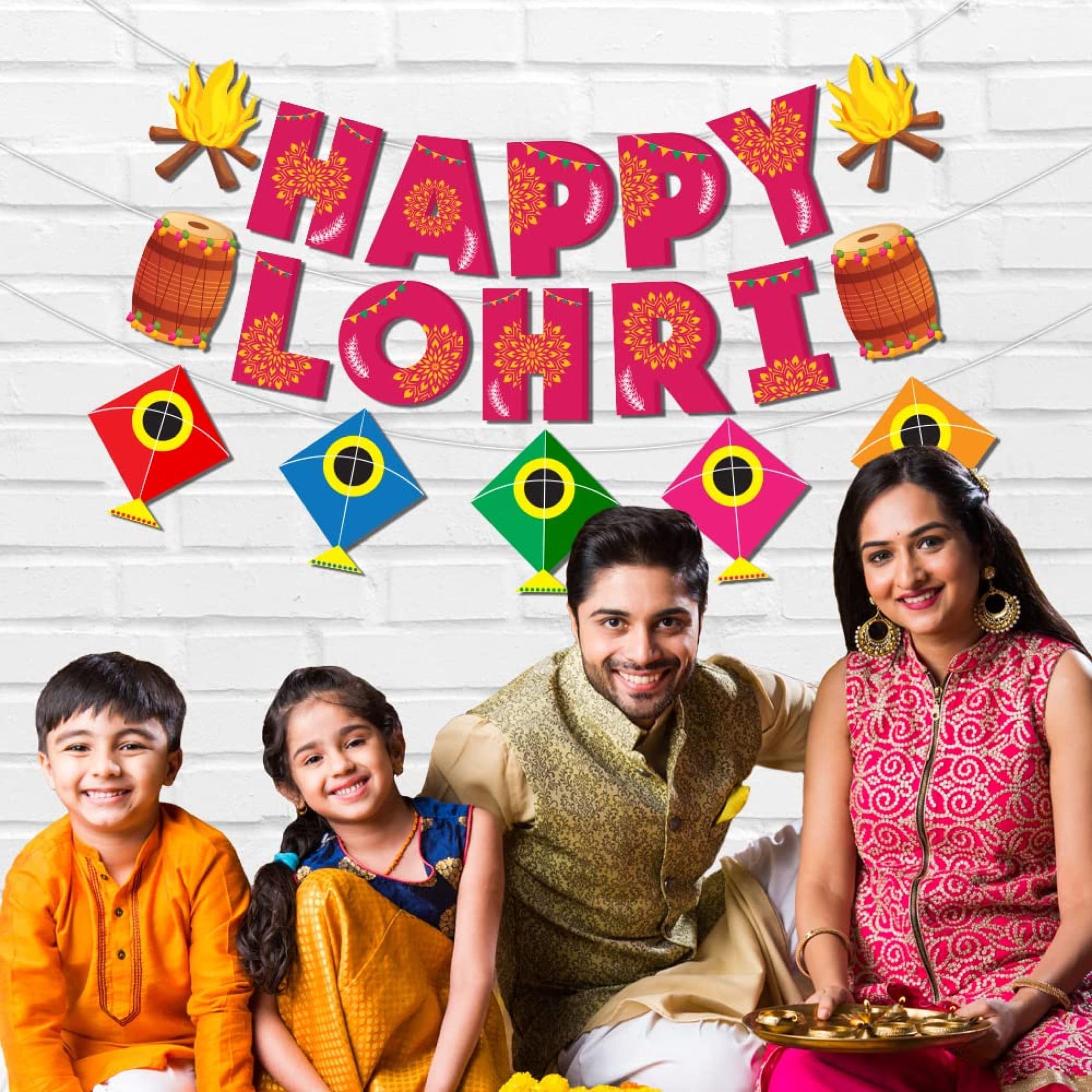 LoveNspire Happy Lohri Banner Lohri Theme Bunting for Decorations Indian Harvest Festival Party Banner Hindu Lohri Celebration DIY Sign with Kite Lohri Backdrop Decorations - Banners for Home Office