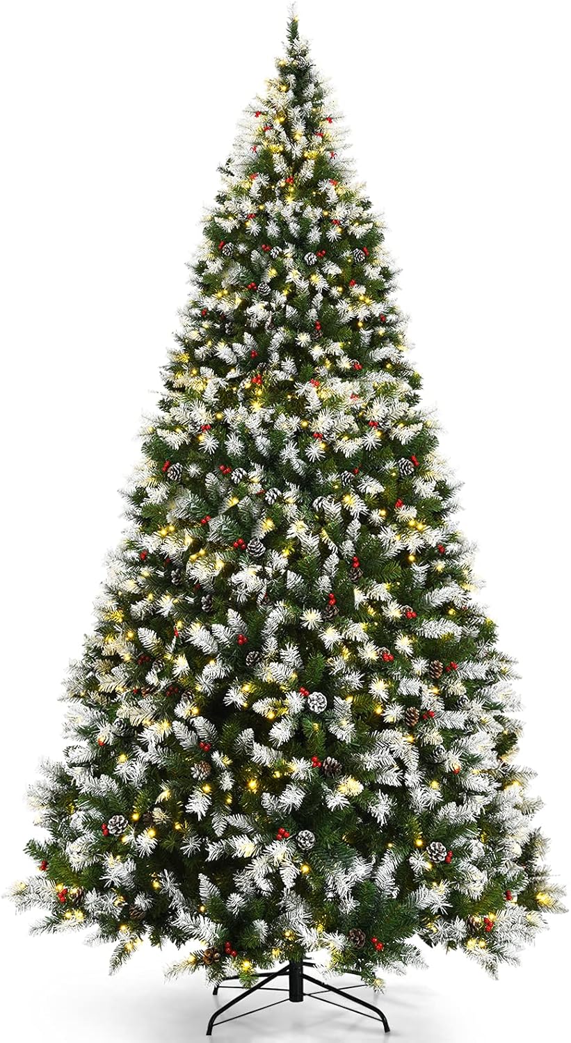 Goplus Prelit Snow Flocked Christmas Tree, 9ft Hinged Artificial Xmas