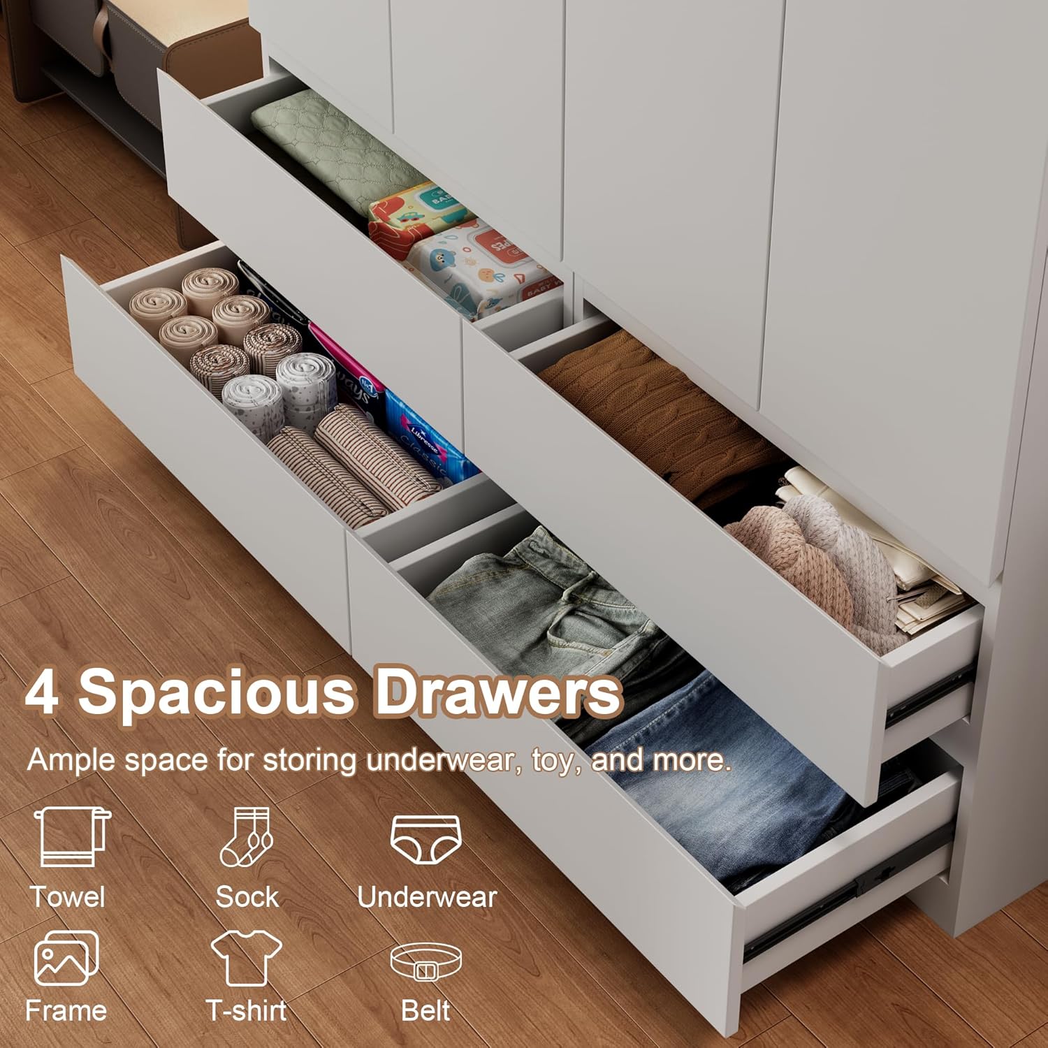 White Armoire Wardrobe Closet with Large Capacity, 78.74" Tall Bedroom Armoire, Wooden Wardrobe Cabinet with 2 Drawers, Storage Shelves and Hanging Rod (2)