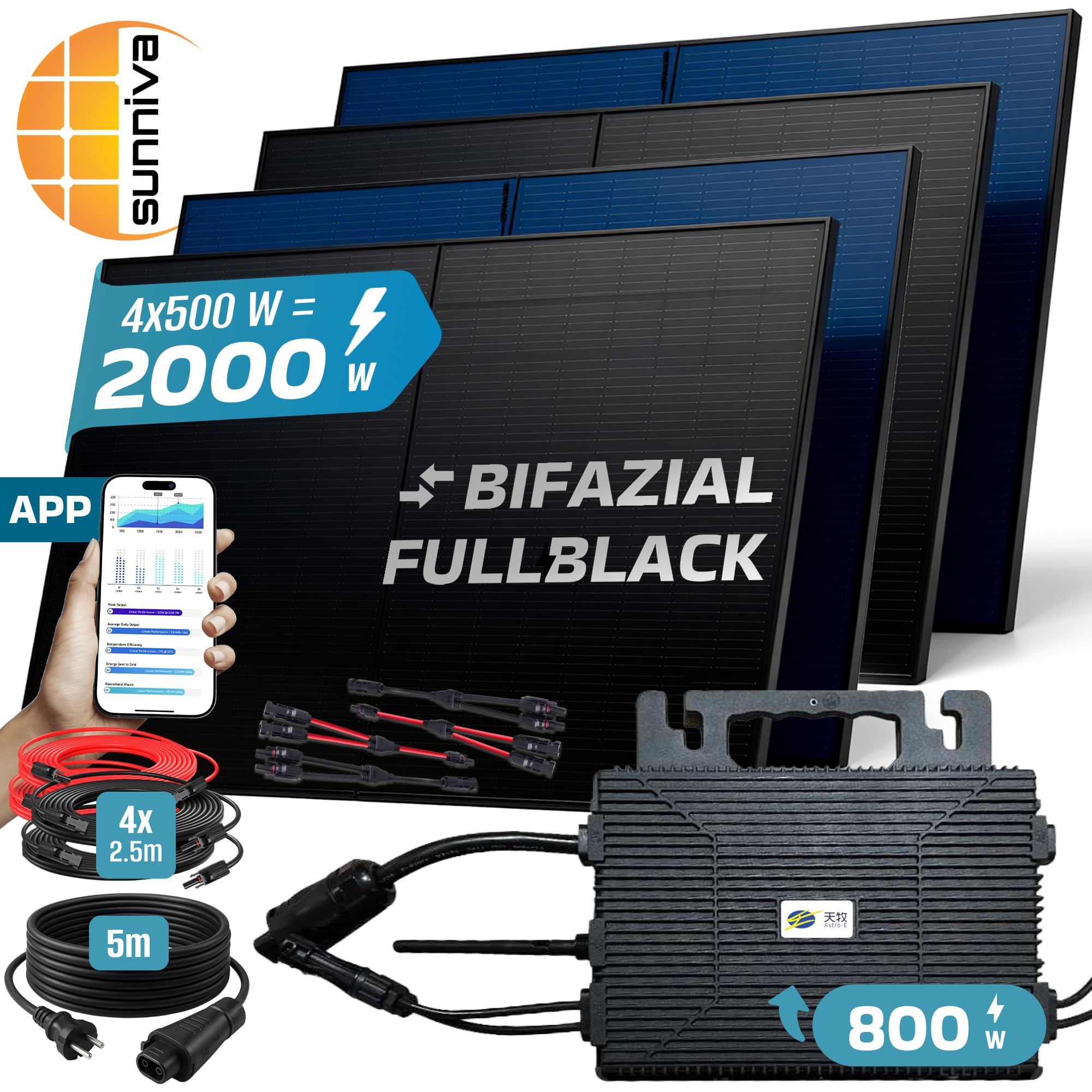 SUNNIVA 2000W Balkonkraftwerk BIFAZIAL FULLBLACK komplett Steckdose ASTRO-E 800W Wechselrichter, PV Solaranlage, 4x 500W Glas Solarmodule, inkl. 5m Kabel, Bluetooth WIFI, Komplettset