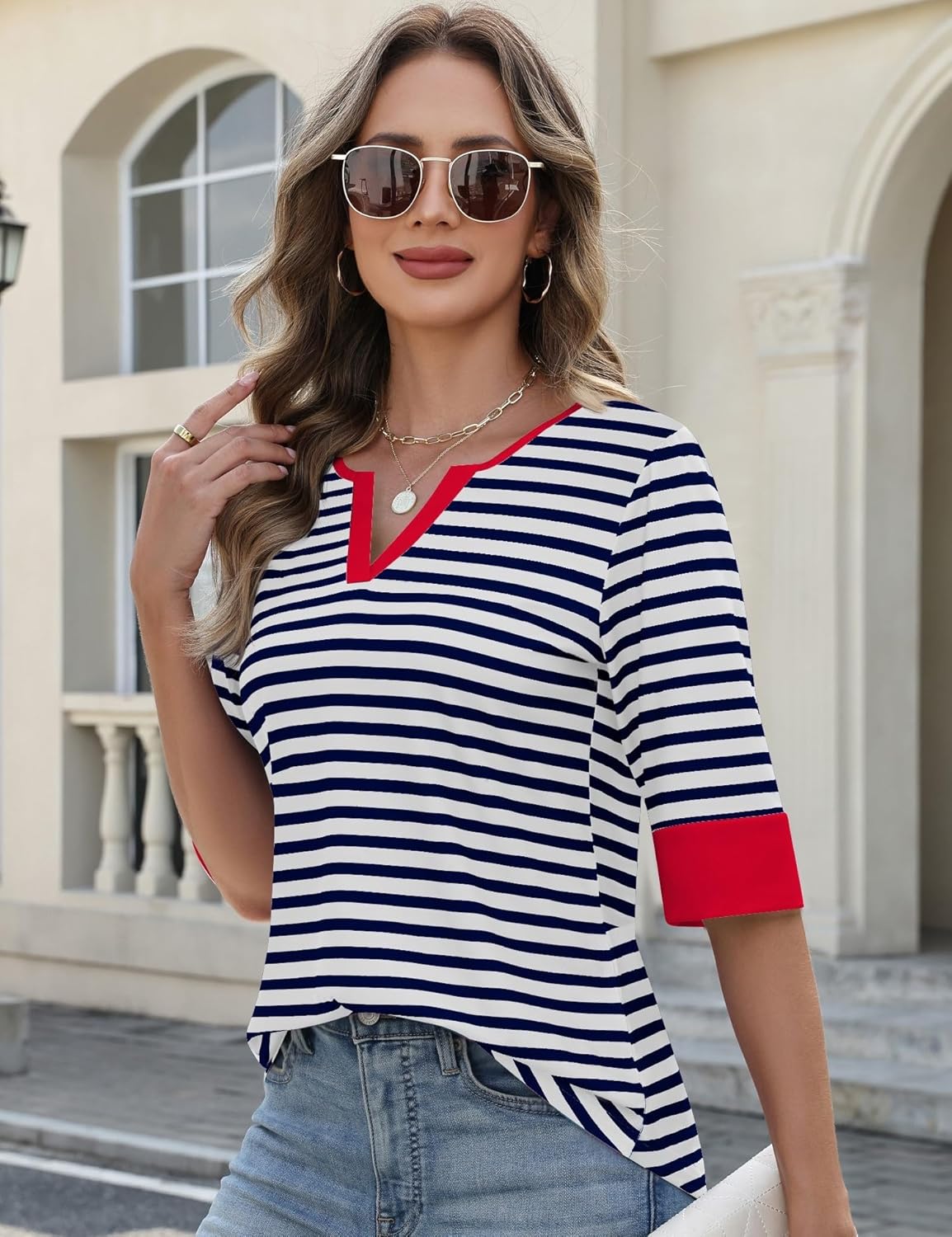 LOMON Spring Tops for Women Dressy Casual 3/4 Length Sleeve Striped Shirts Fashion V Neck Blouses 2026 - Image 5
