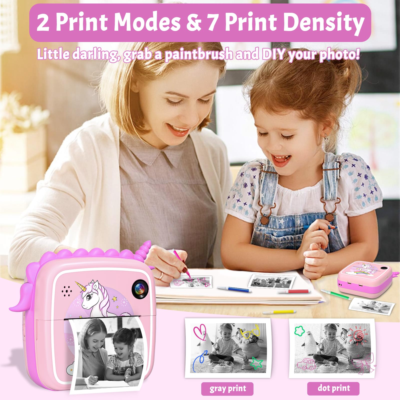 64GB Macchina Fotografica Bambini Istantanea, 50MP Digitale Fotocamera Bambini con 16X Zoom, DuoDuoSnap 2,4" 1080P Videocamera Stampa fotografica Regali Giocattoli per 3-12 Anni Ragazze Ragazzi-Rosa