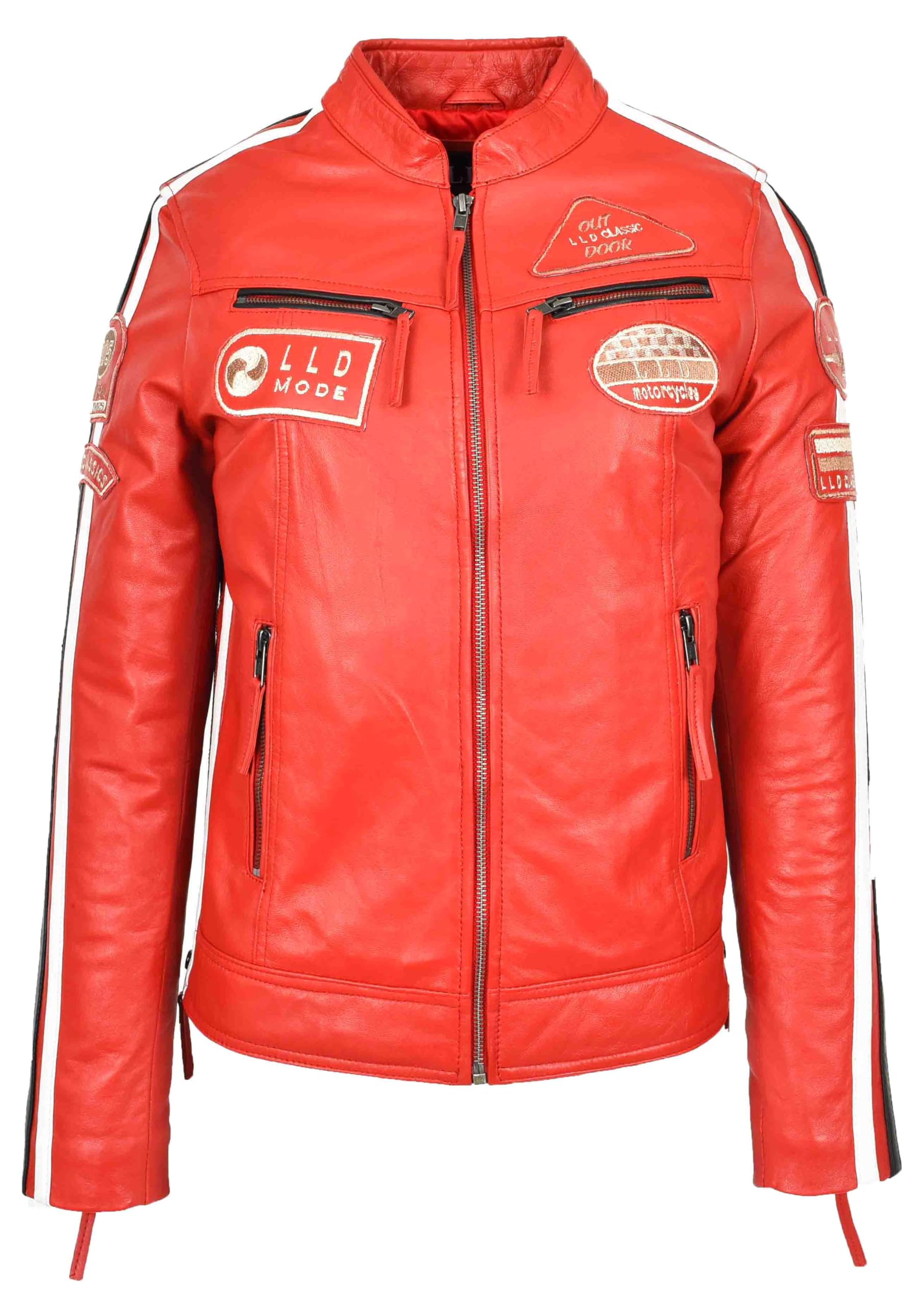 House Of Leather Women's Red Cafe Racer Biker Jacket Retro Motorcycle Badges Leather Coat Rosa (Uk, Numeric, 16, Regular, Regular, )