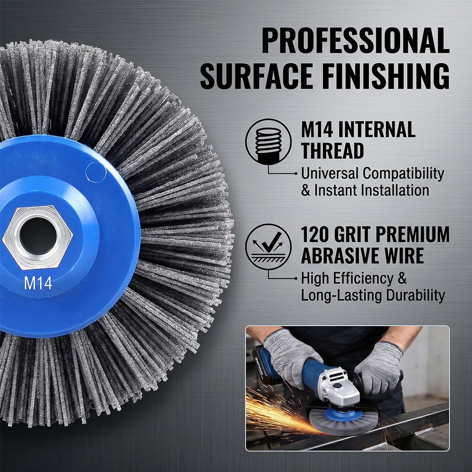 Brosse en nylon M14 grain #120 pour meuleuse d'angle - Brosse satinée Ø 140 mm avec épaisseur de fil de 1,1 mm - Idéal pour l'acier inoxydable, l'aluminium et le cuivre - Structure, matification et