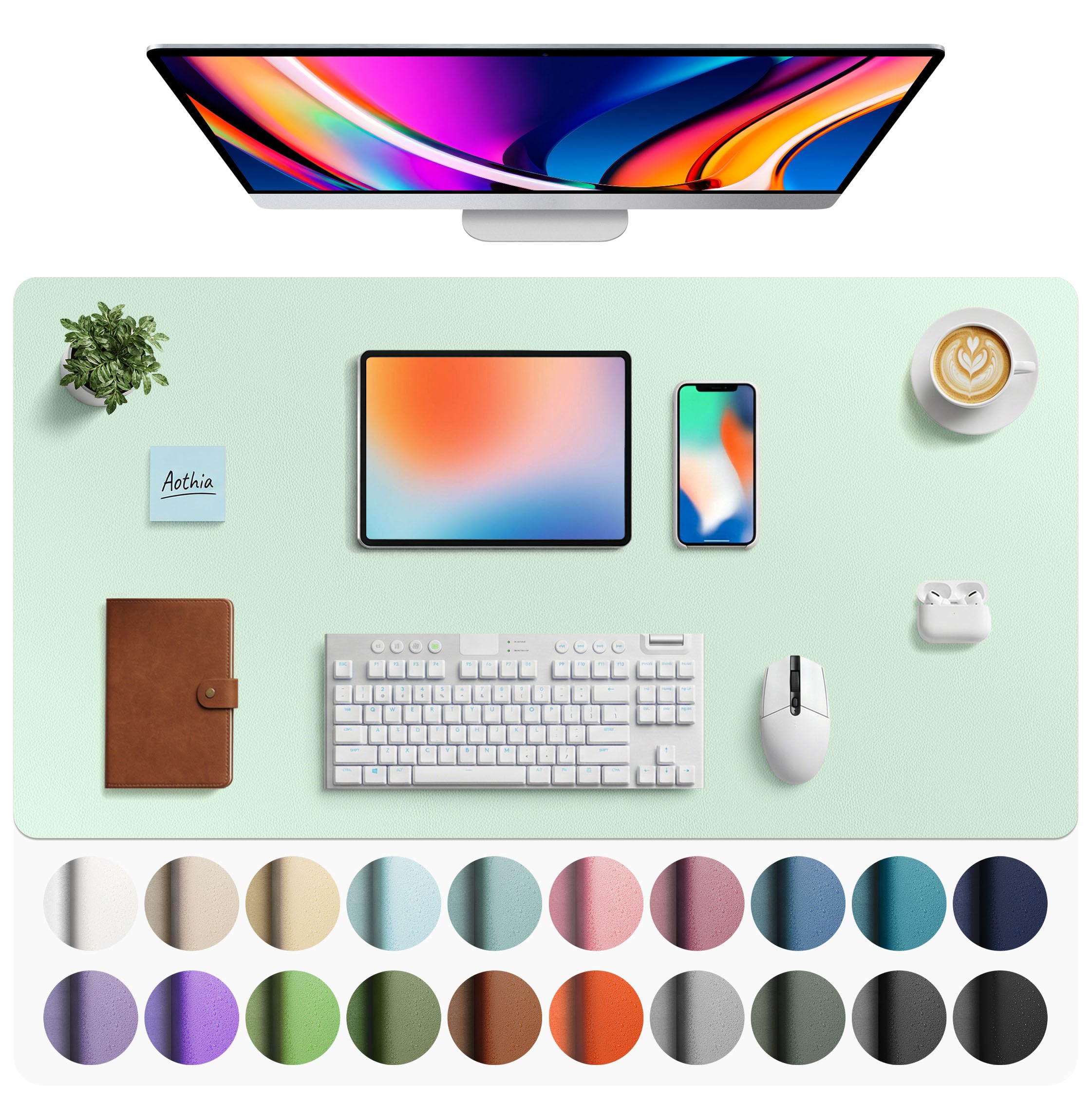Aothia Faux Leather Desk Mat - Large Mouse Pad, Non-Slip PU Leather Blotter, Waterproof Writing Surface for Office and Home (Aqua, 40" x 24")