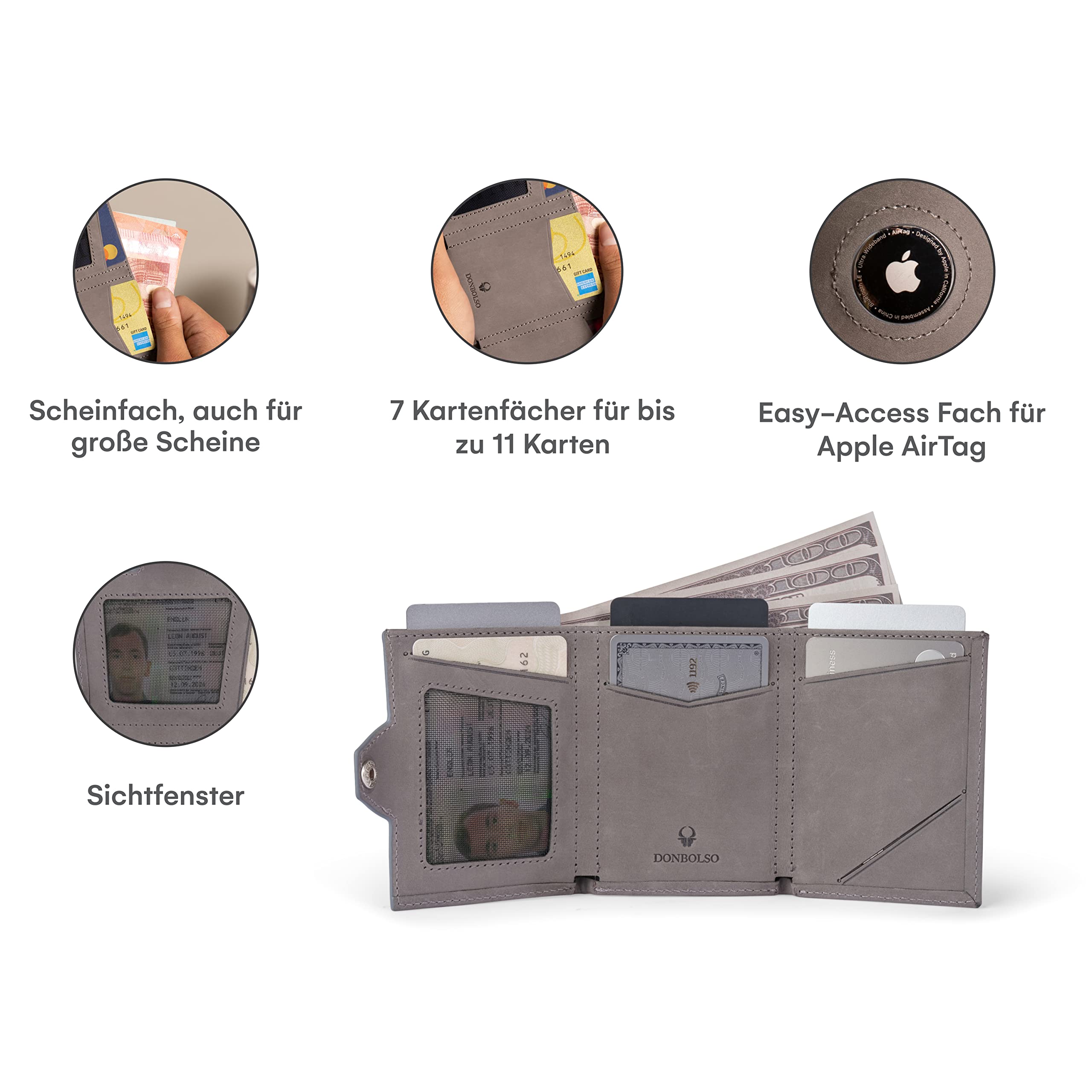 DONBOLSO Portafoglio Uomo Piccolo in Pelle - Porta Carte di Credito con Tasca per AirTag - Portamonete Compatto e Slim - Portafogli Sottili Vintage Grigio