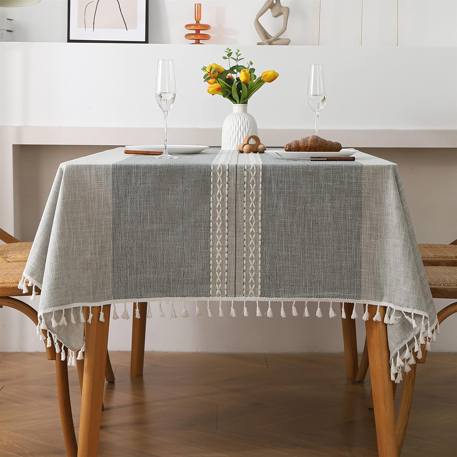 Farmhouse Striped Tassle Tablecloth Heavy Duty Linen Fabric
