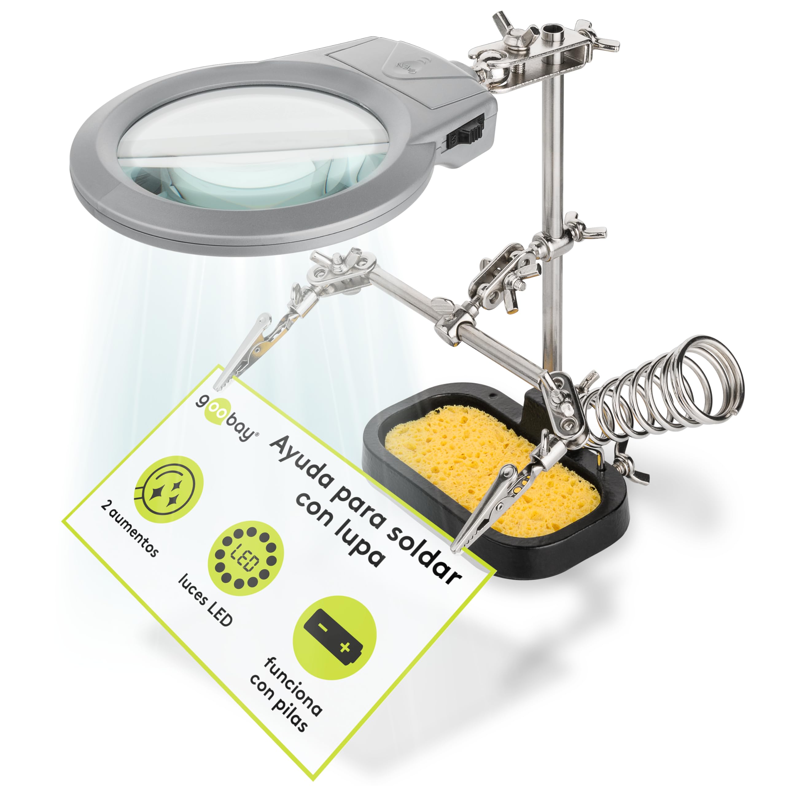 goobay tercera mano con lupa y soporte para soldador, la ayuda ideal para todos los trabajos de soldadura filigrana, soporte multifunción para electrónica, 51226