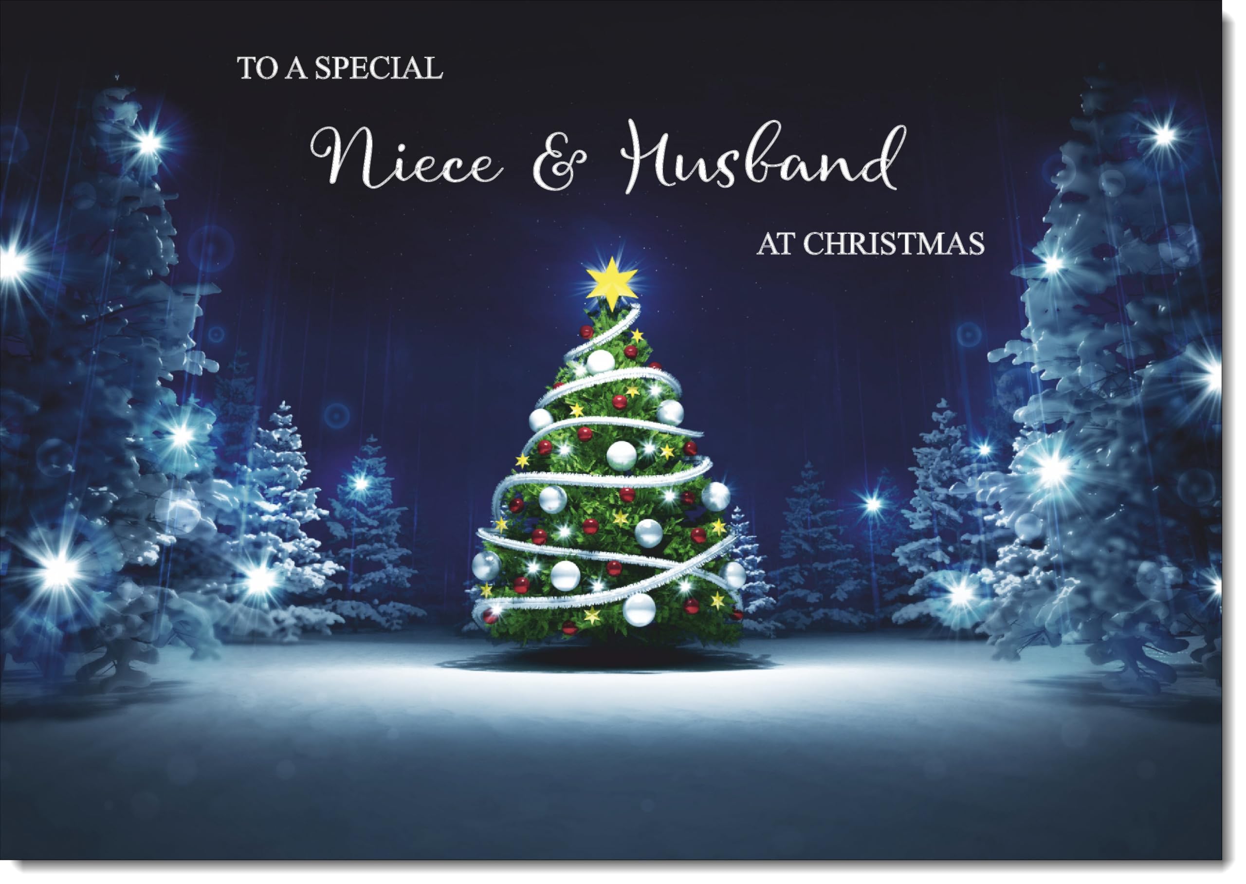 doodlecards Niece and Husband Christmas Card Tree in Dark Sky Large A4 Size Christmas Card for Niece & Husband with Plain Envelope