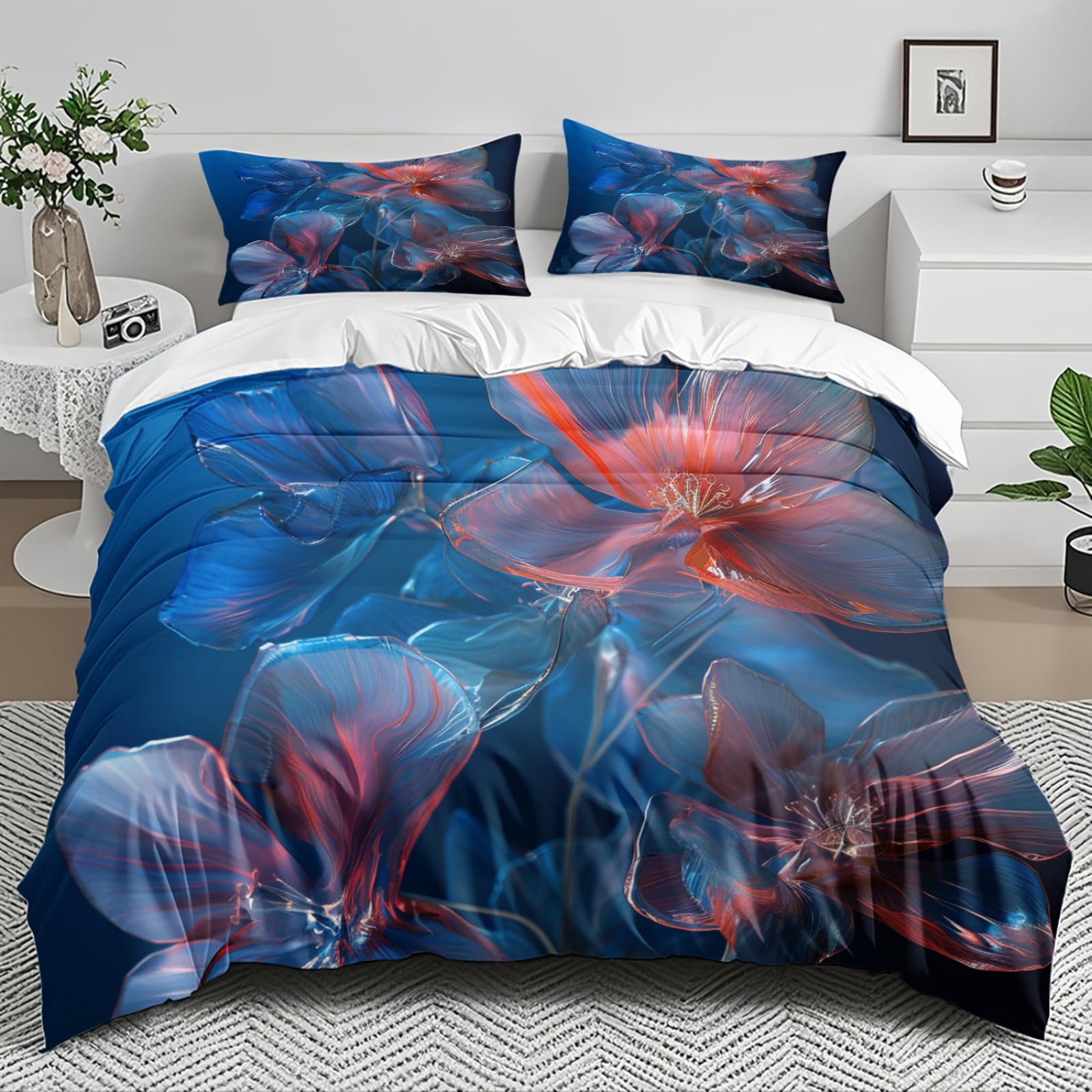 Housse de Couette 220x240 Bleu Rouge en Microfibre avec 2 Taies d'Oreiller pour Lit Adulte