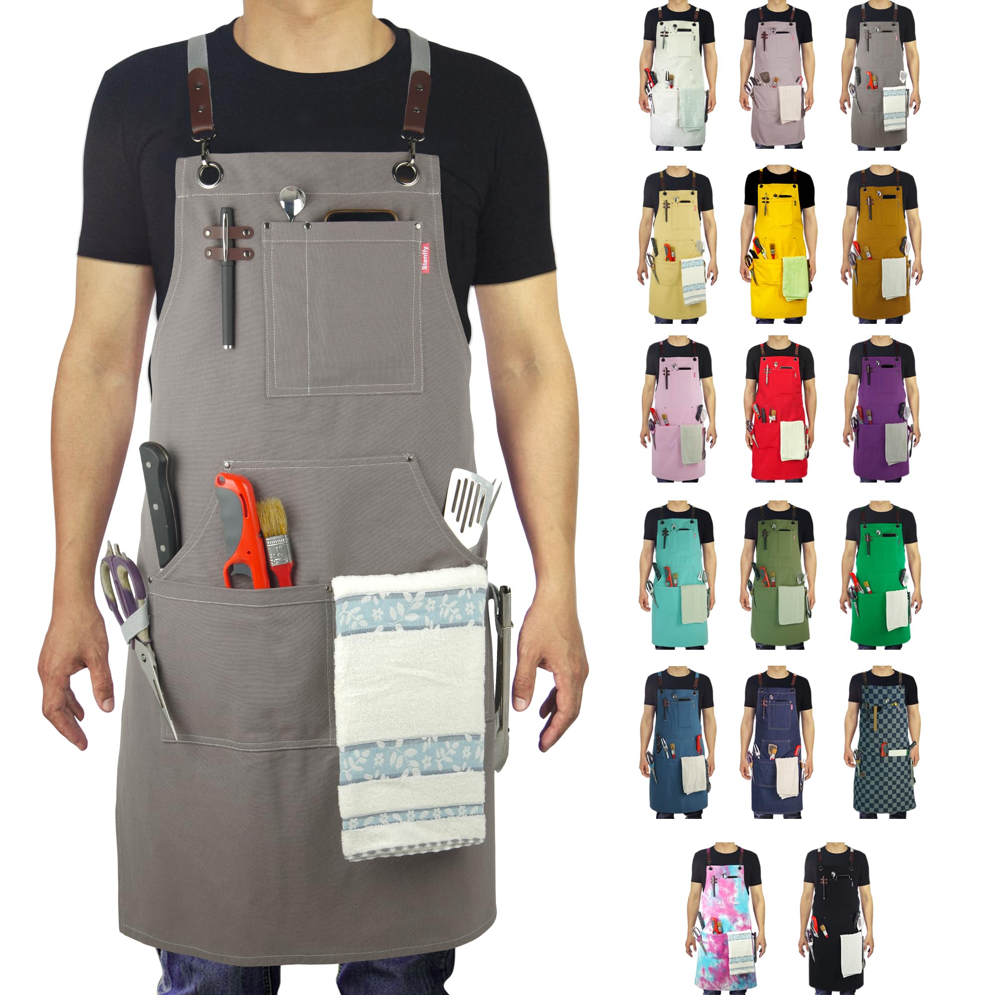 Stenffy Kitchen Apron, Work Apron, Canvas, Multiple Pockets, Gardening, Painting, BBQ, Carpenter, Artist, Sizes M to XXL,Dark Gray