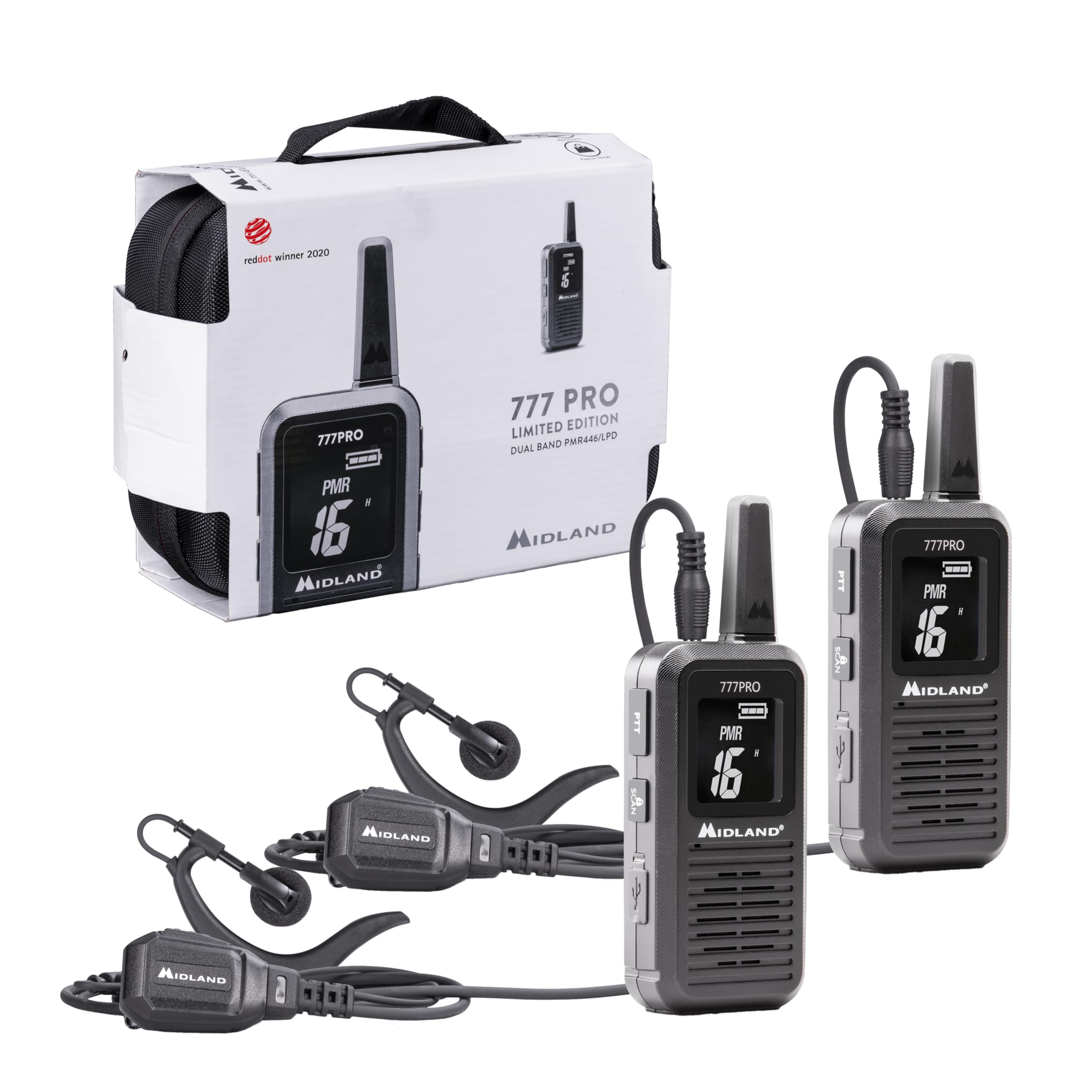 Midland - Talkie Walkie Professionnel 6Km 777 Pro, 2 Radio Récepteur Émetteur pour Sécurité, 85 Canaux - 16 PMR446/​69 LPD, 38 CTCSS e 104 DCS, Autonomie 14H, Écran Numérique et Piles Rechargeables