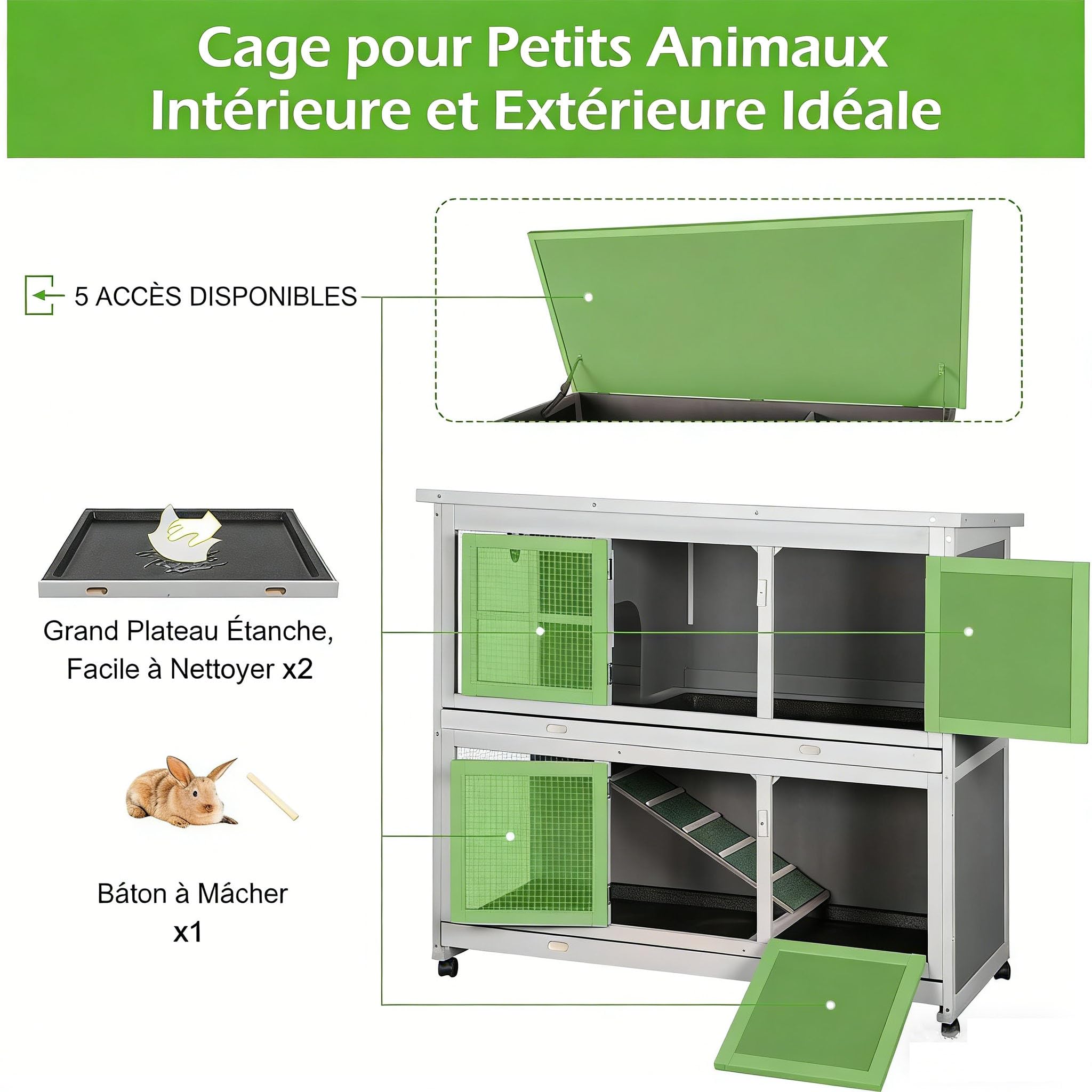 YODOLLA Clapier Lapin Exterieur sur roulettes, Clapier Lapin Interieur en Bois, 119 x 51 x105cm