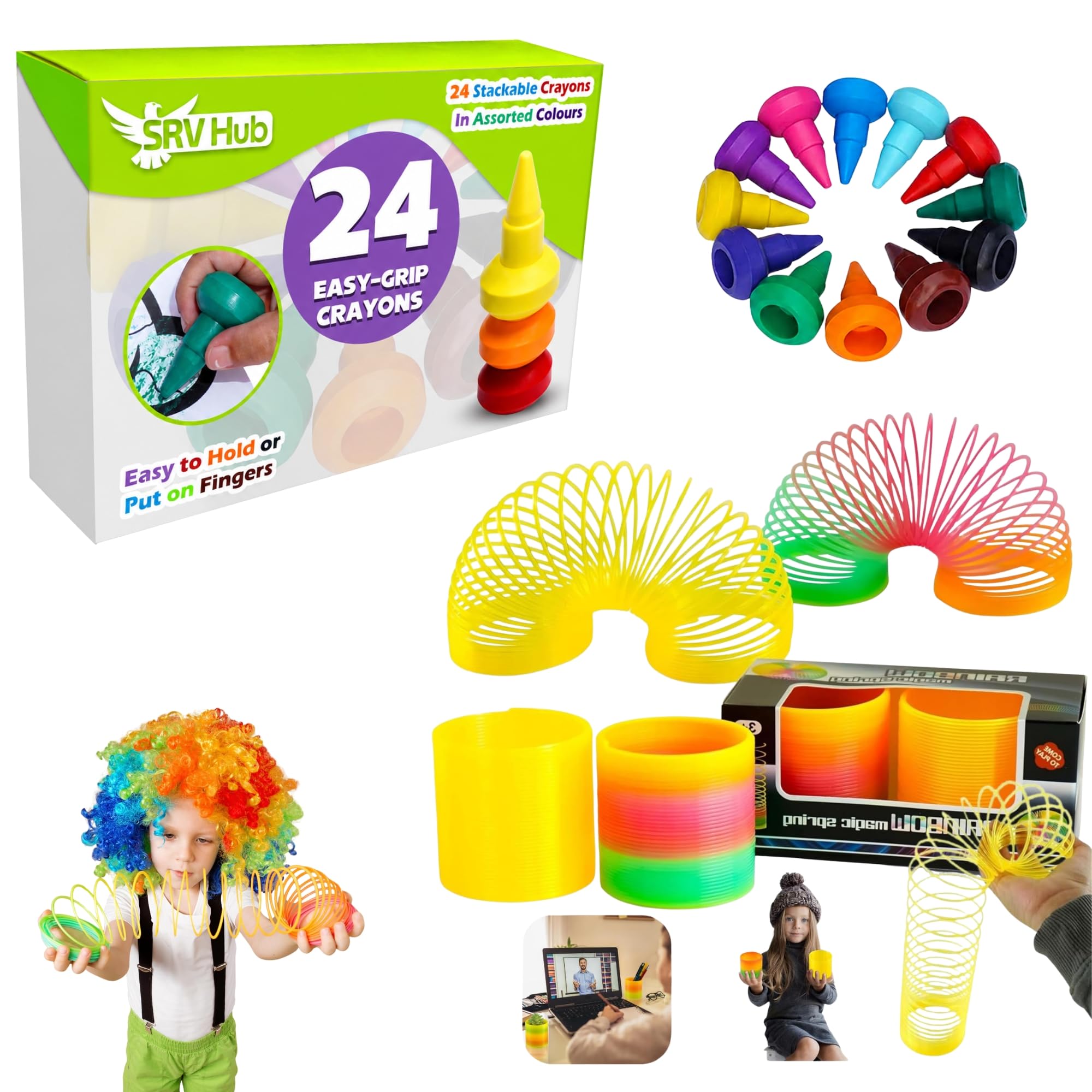 SRV Hub 24x Stackable Crayons for Toddlers + 2x Rainbow Spring Toys Bundle – Non-Toxic, Washable Art Set & Sensory Fidget Toy, Gift for Boys & Girls, Party Bag Fillers