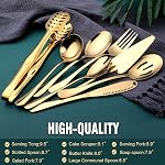 Ustensiles de service d'or, OGORI 8-Piece Ensemble d'argenterie en acier inoxydable poli comprenant la cuillère à servir, la cuillère par fente, le tong de service, le serveur de gâteau, la poche de soupe, la fourchette, la fourche à salade, le couteau à beurre