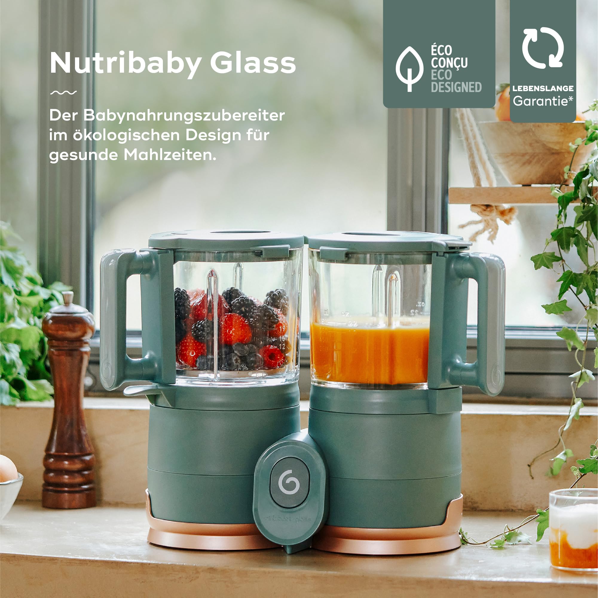 Babymoov Nutribaby Glass Forest Green 4-in-1 Babynahrungszubereiter aus Glas & Edelstahl