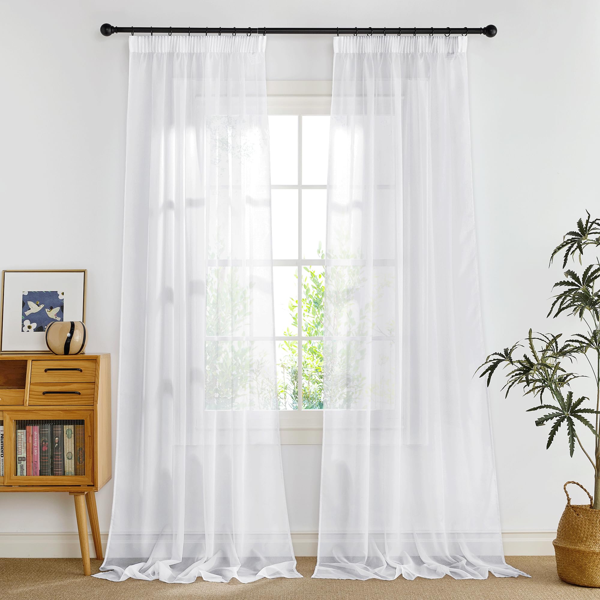 PONY DANCE Extra Long White Net Curtains 55x108 inches, Pencil Pleat White Voile Curtains for Bedroom/Living Room/Nursery