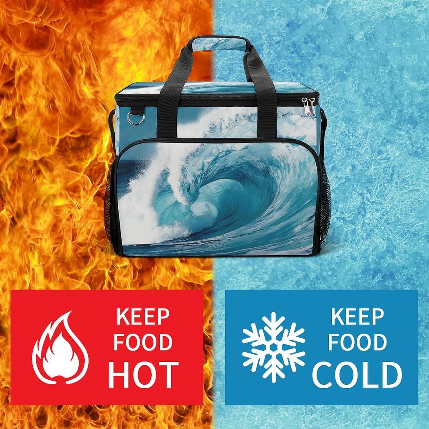 Insulated Picnic Backpack Tote Bag, Large Capacity 30L Ocean Wave Cooler Bag Leakproof Beach Bags Portable Lunch Box Waterproof Picnic Basket for Beach Camping BBQ