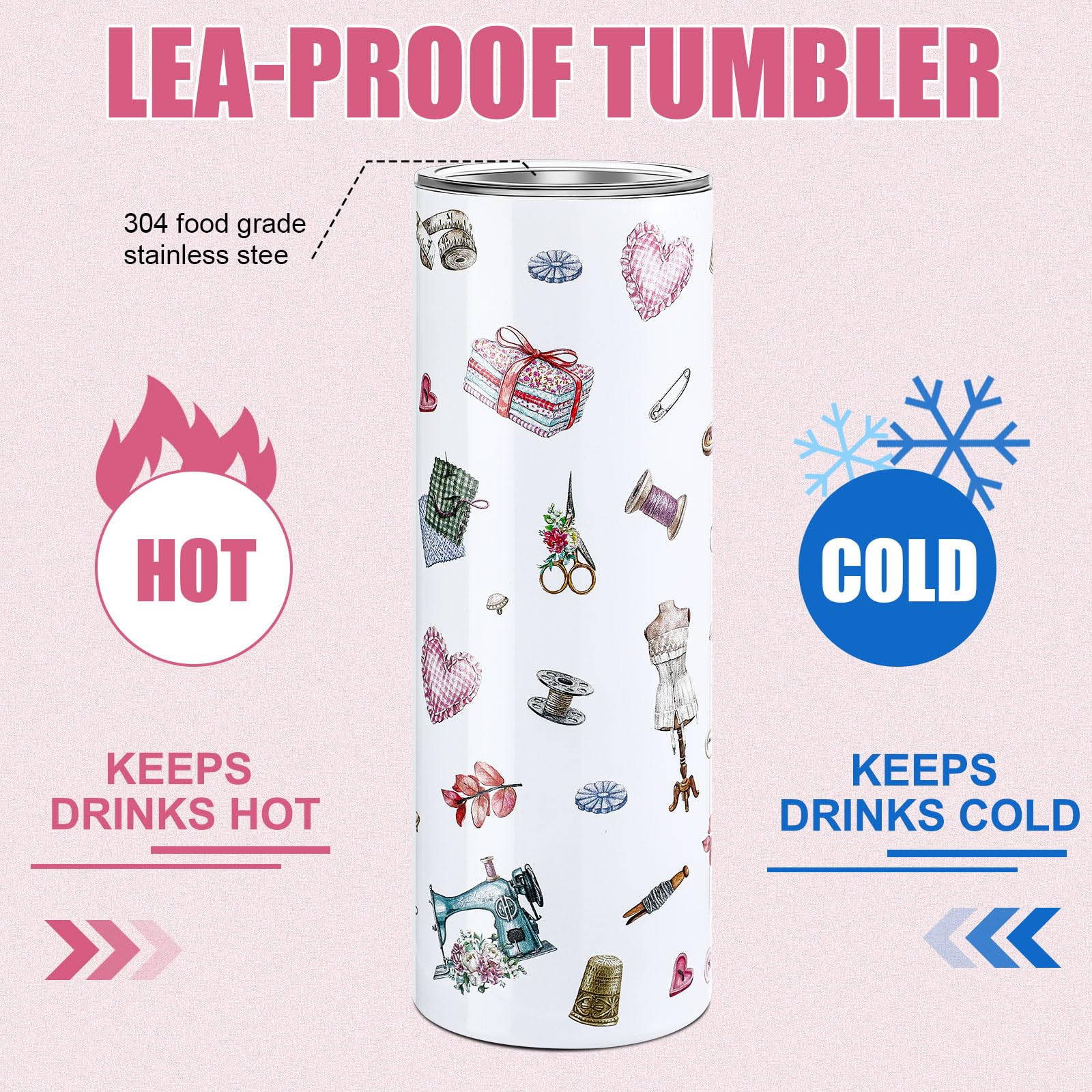 Dansydaisy 6 piezas de regalos de costura rosa con vaso de 20 onzas, taza de acero inoxidable, bolsa de cosméticos, calcetines, llavero, cuaderno de bobina, regalos divertidos de costura para mujeres